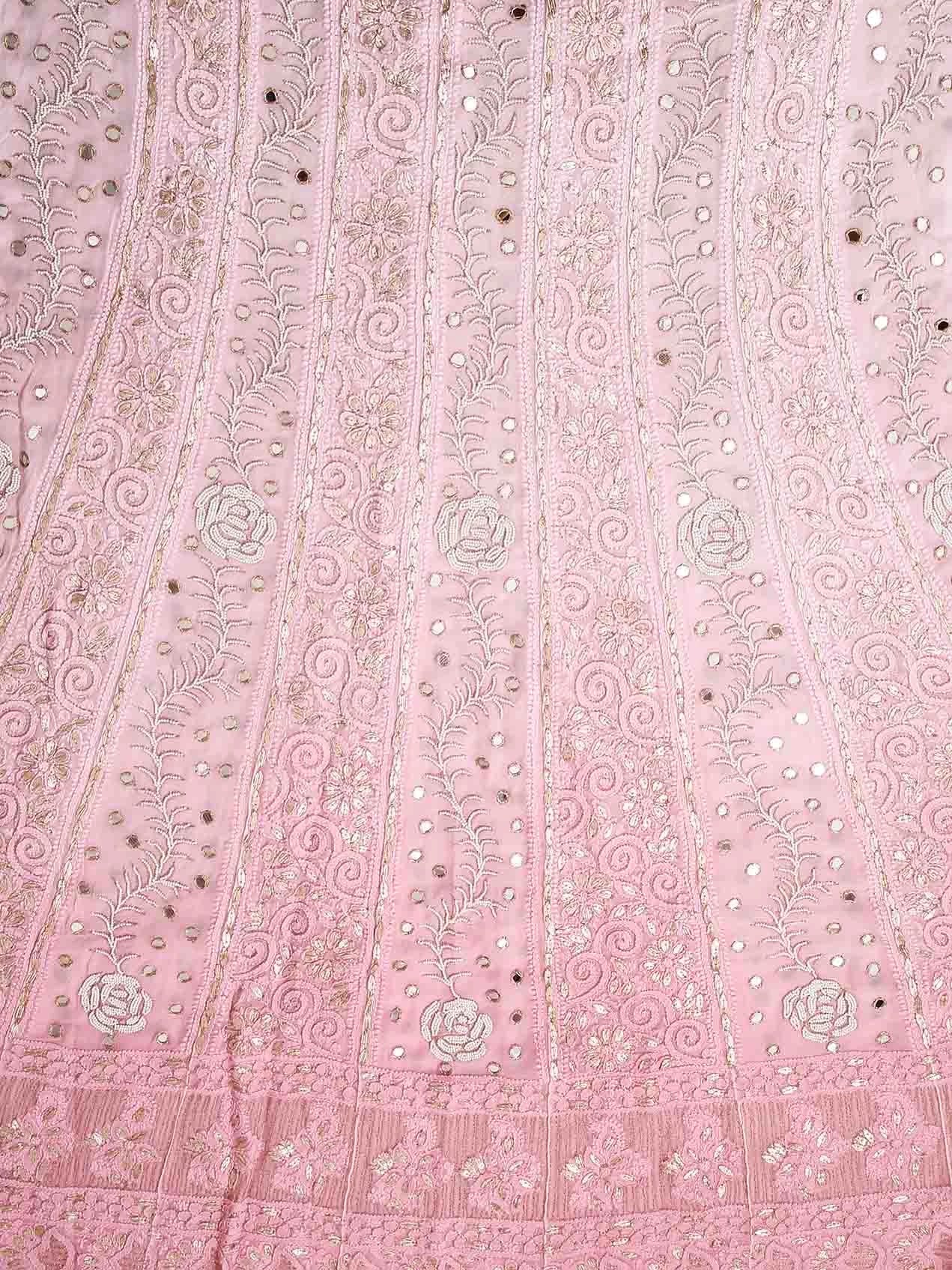 Ada Hand Embroidered Ombre Shade Of Pink Viscose Georgette Lucknowi Chikankari Semi-Stitched Anarkali Kurta Dupatta Set With Pearl Work 01A381016