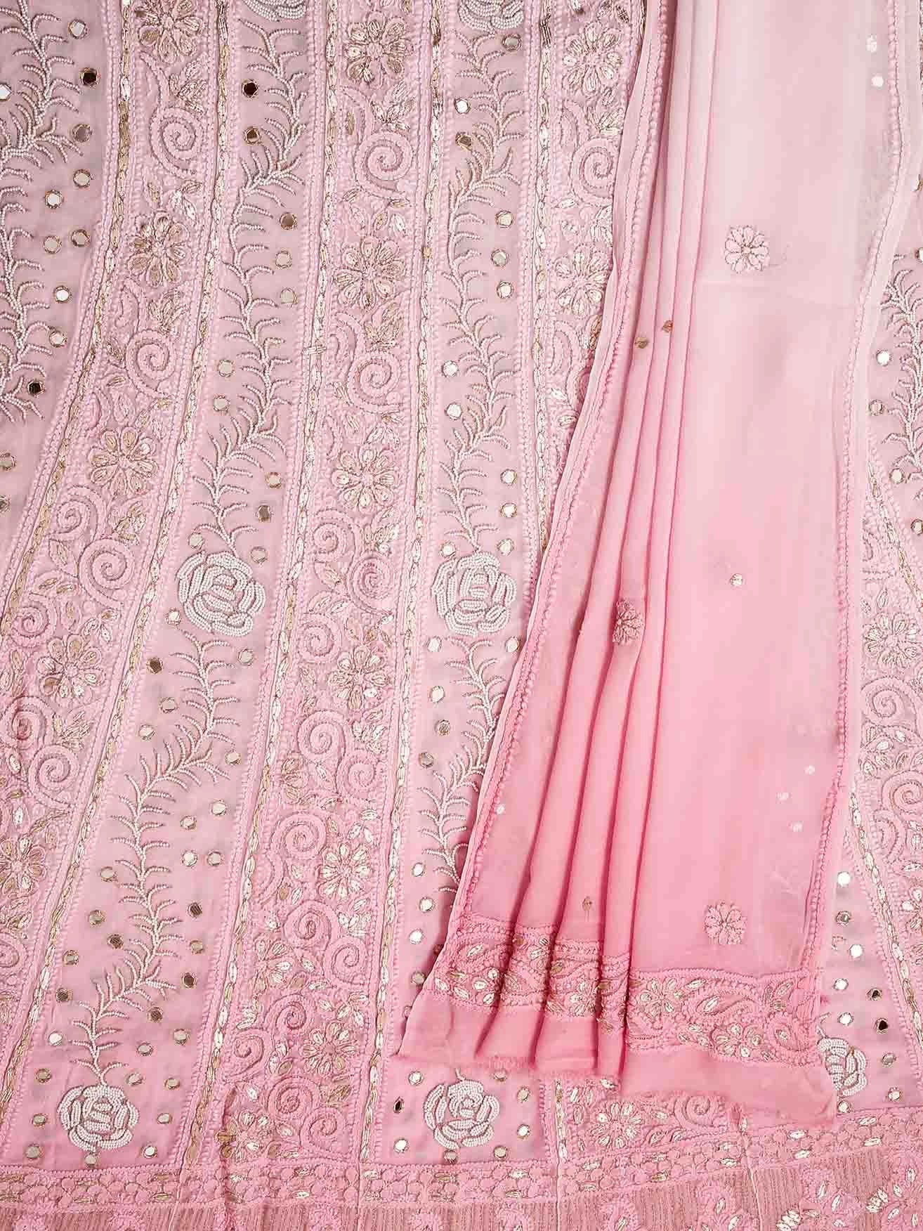 Ada Hand Embroidered Ombre Shade Of Pink Viscose Georgette Lucknowi Chikankari Semi-Stitched Anarkali Kurta Dupatta Set With Pearl Work 01A381016