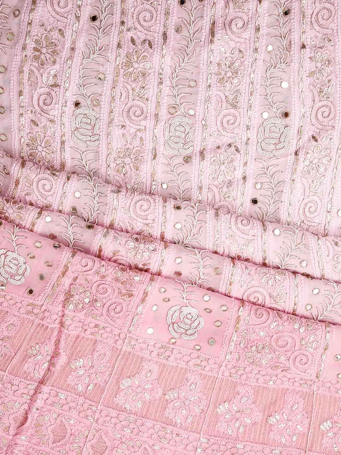 Ada Hand Embroidered Ombre Shade Of Pink Viscose Georgette Lucknowi Chikankari Semi-Stitched Anarkali Kurta Dupatta Set With Pearl Work 01A381016