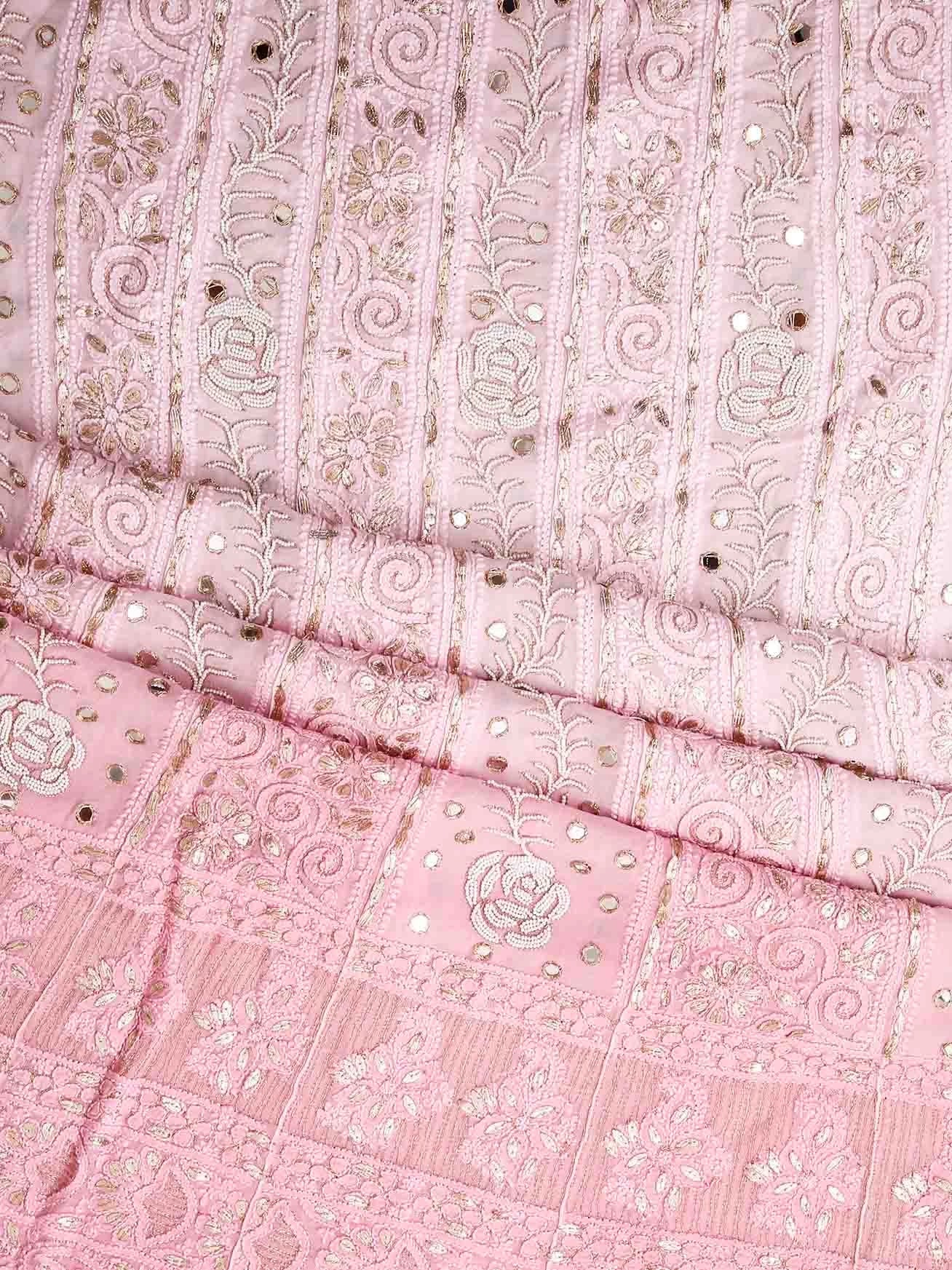 Ada Hand Embroidered Ombre Shade Of Pink Viscose Georgette Lucknowi Chikankari Semi-Stitched Anarkali Kurta Dupatta Set With Pearl Work 01A381016