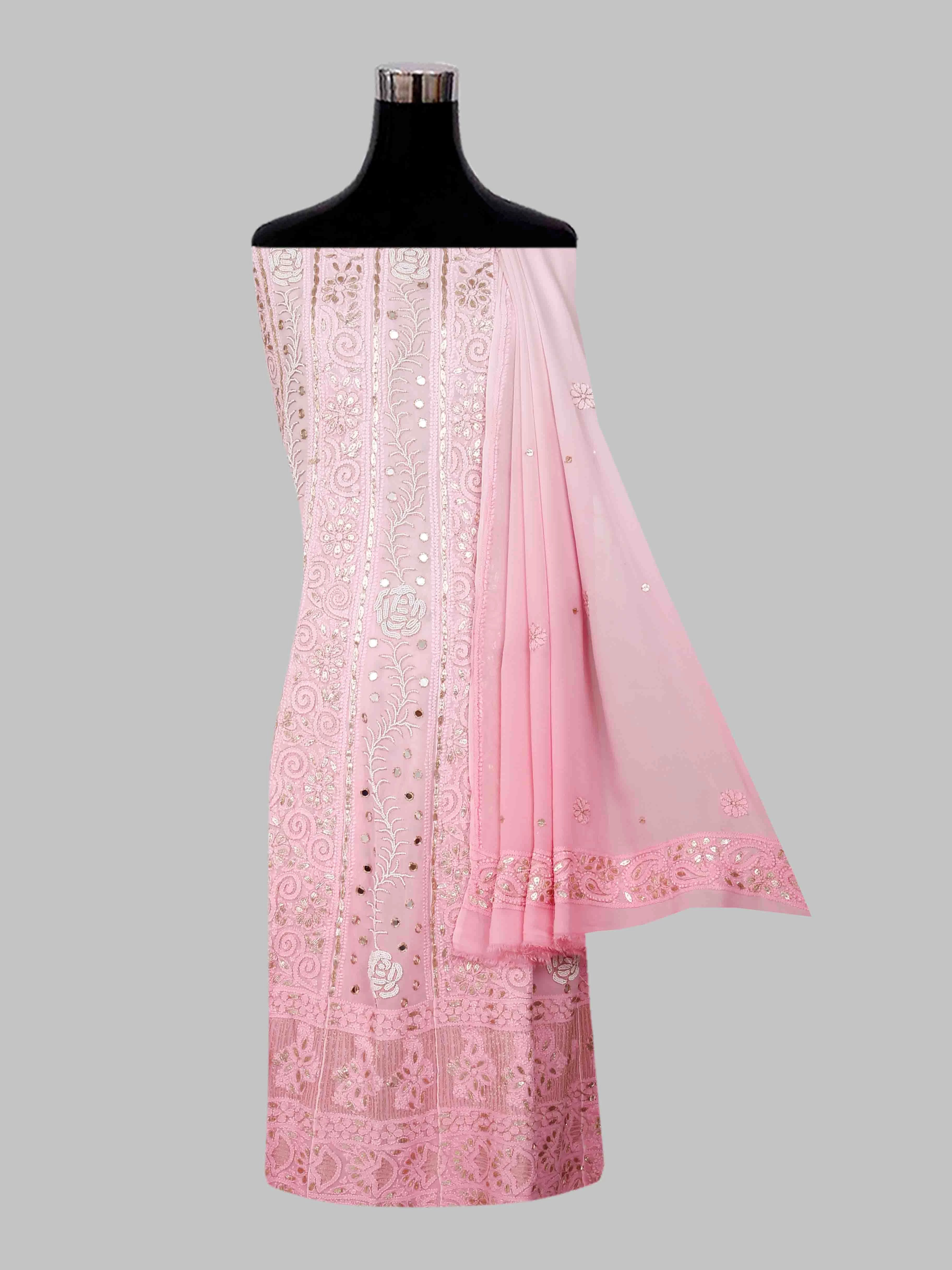 Ada Hand Embroidered Ombre Shade Of Pink Viscose Georgette Lucknowi Chikankari Semi-Stitched Anarkali Kurta Dupatta Set With Pearl Work 01A381016