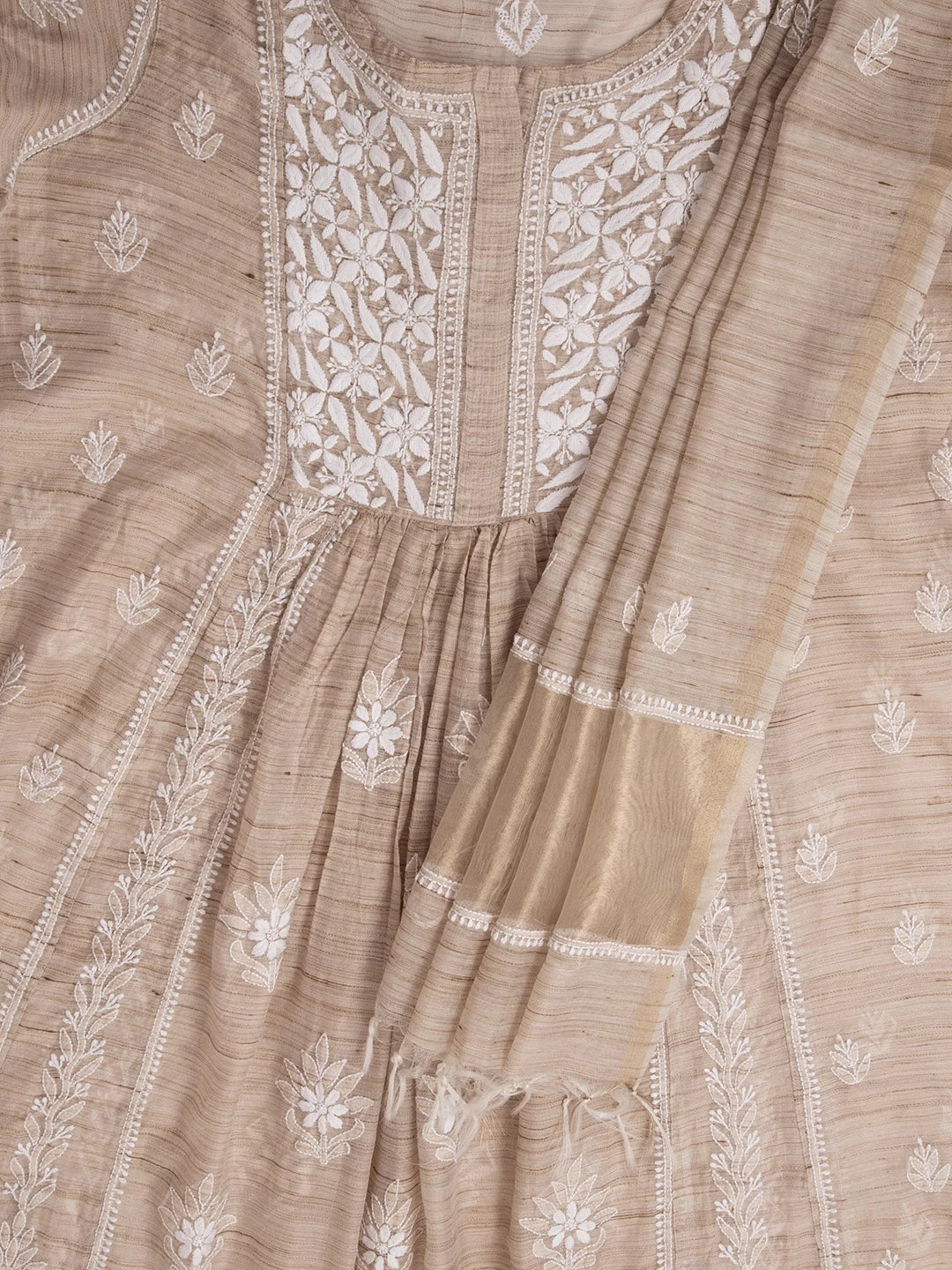 Ada Hand Embroidered Natural Fawn Khadi Chanderi Lucknowi Chikankari Semi-stitched Kurta Dupatta Set 01A436019