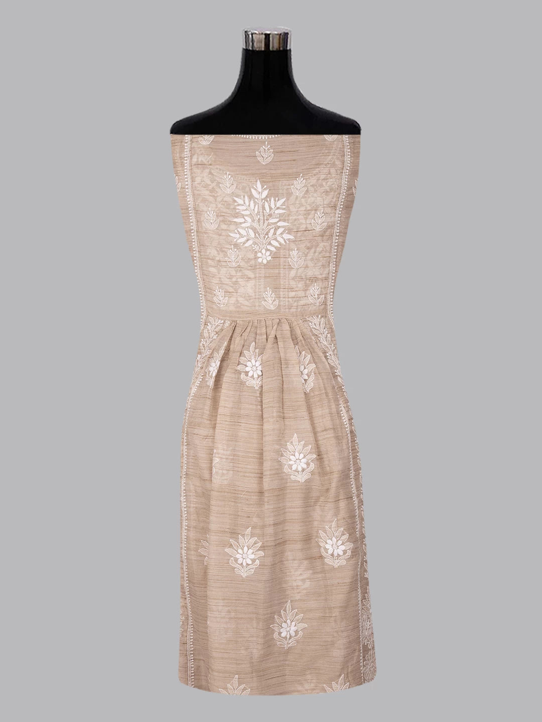 Ada Hand Embroidered Natural Fawn Khadi Chanderi Lucknowi Chikankari Semi-stitched Kurta Dupatta Set 01A436019