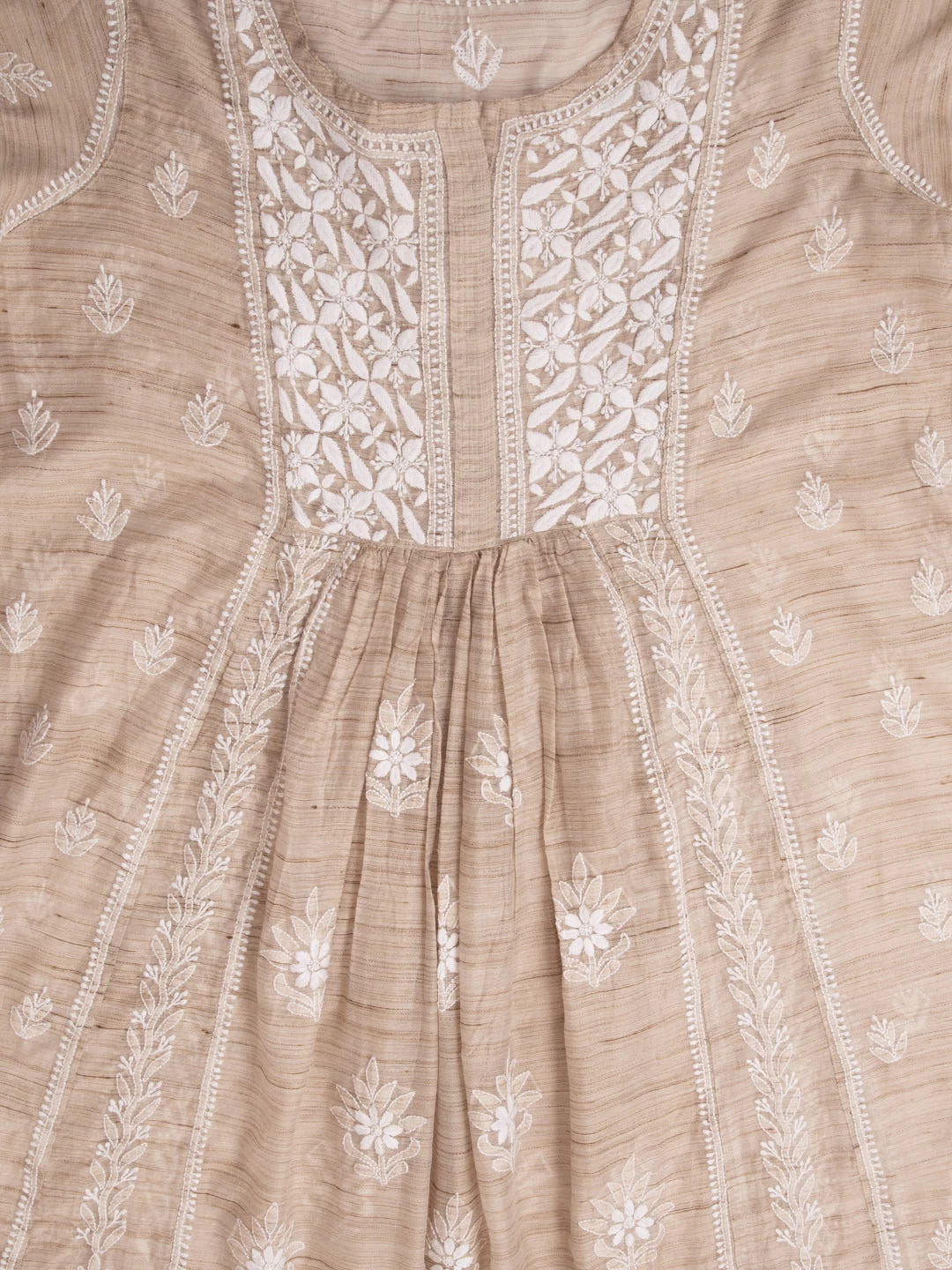 Ada Hand Embroidered Natural Fawn Khadi Chanderi Lucknowi Chikankari Semi-stitched Kurta Dupatta Set 01A436019