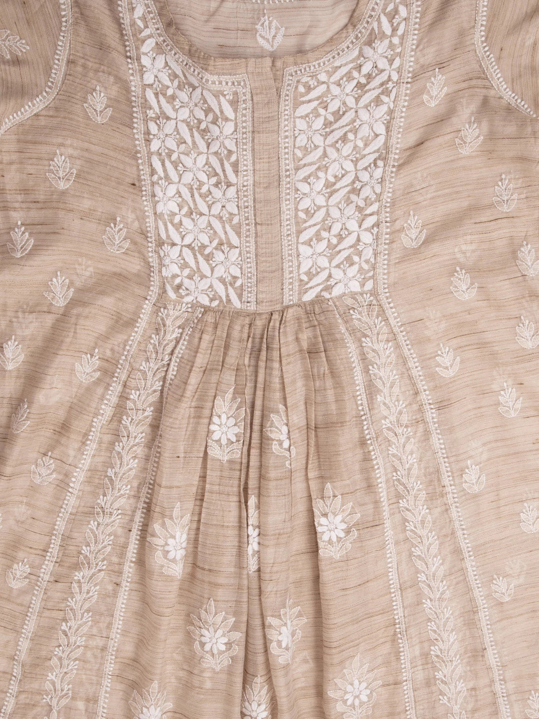 Ada Hand Embroidered Natural Fawn Khadi Chanderi Lucknowi Chikankari Semi-stitched Kurta Dupatta Set 01A436019