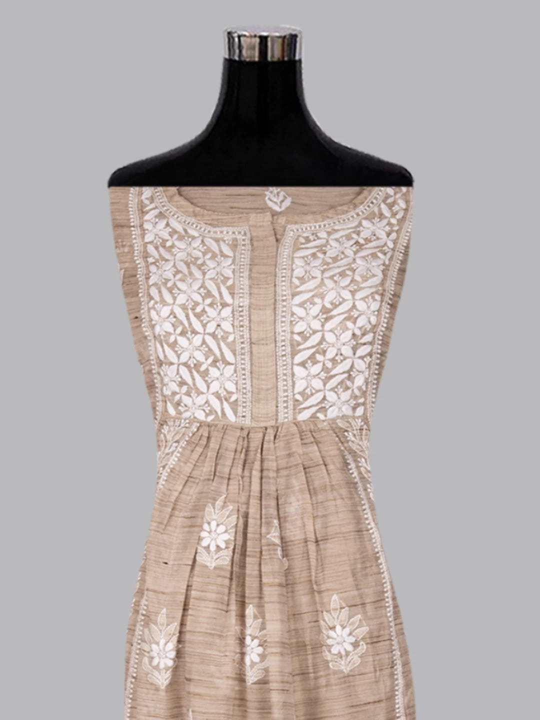 Ada Hand Embroidered Natural Fawn Khadi Chanderi Lucknowi Chikankari Semi-stitched Kurta Dupatta Set 01A436019