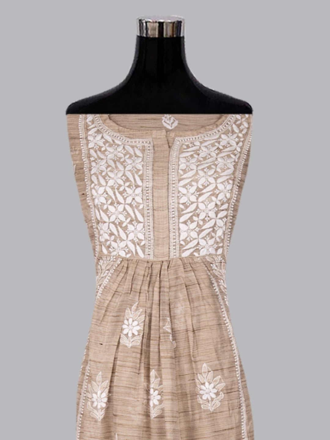 Ada Hand Embroidered Natural Fawn Khadi Chanderi Lucknowi Chikankari Semi-stitched Kurta Dupatta Set 01A436019