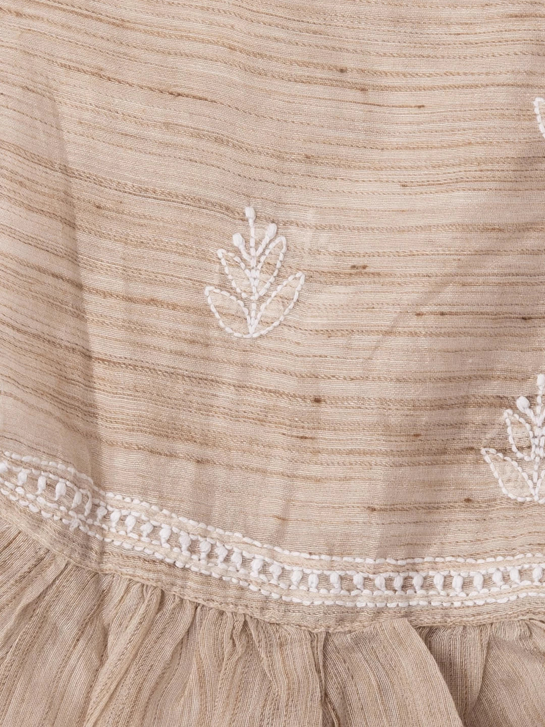 Ada Hand Embroidered Natural Fawn Khadi Chanderi Lucknowi Chikankari Semi-stitched Kurta Dupatta Set 01A436019
