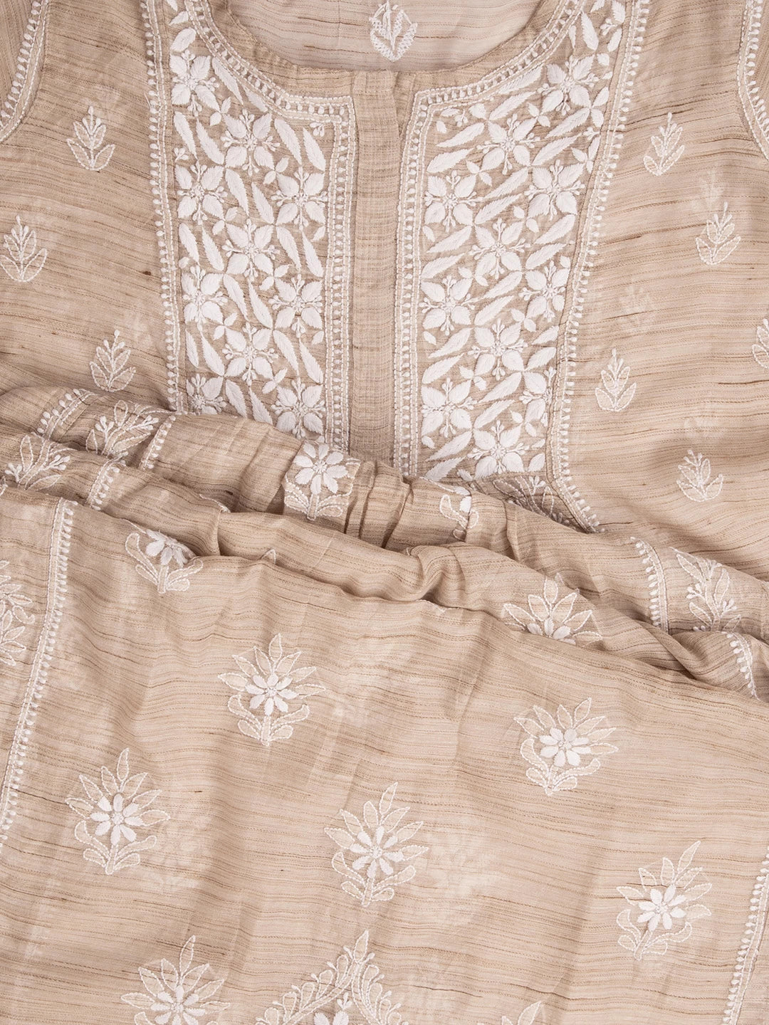 Ada Hand Embroidered Natural Fawn Khadi Chanderi Lucknowi Chikankari Semi-stitched Kurta Dupatta Set 01A436019