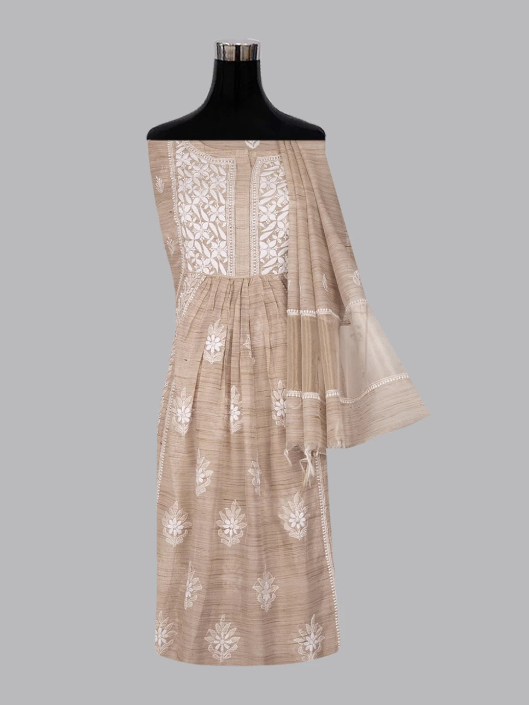 Ada Hand Embroidered Natural Fawn Khadi Chanderi Lucknowi Chikankari Semi-stitched Kurta Dupatta Set 01A436019