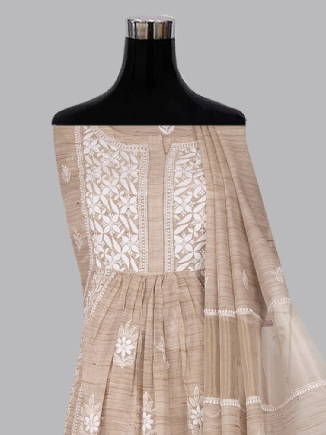 Ada Hand Embroidered Natural Fawn Khadi Chanderi Lucknowi Chikankari Semi-stitched Kurta Dupatta Set 01A436019