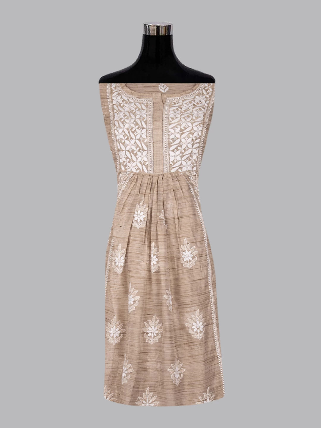 Ada Hand Embroidered Natural Fawn Khadi Chanderi Lucknowi Chikankari Semi-stitched Kurta Dupatta Set 01A436019