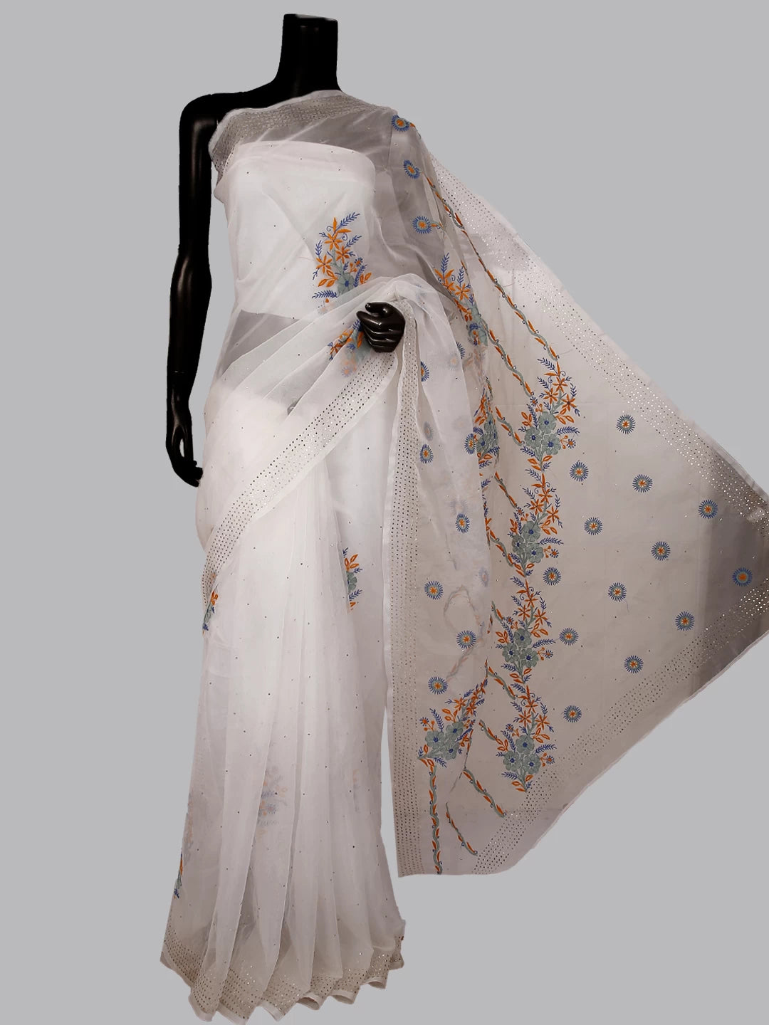Ada Hand Embroidered Pearl White Organza Lucknowi Chikankari Saree/Blouse With Mukaish Work 01A367134