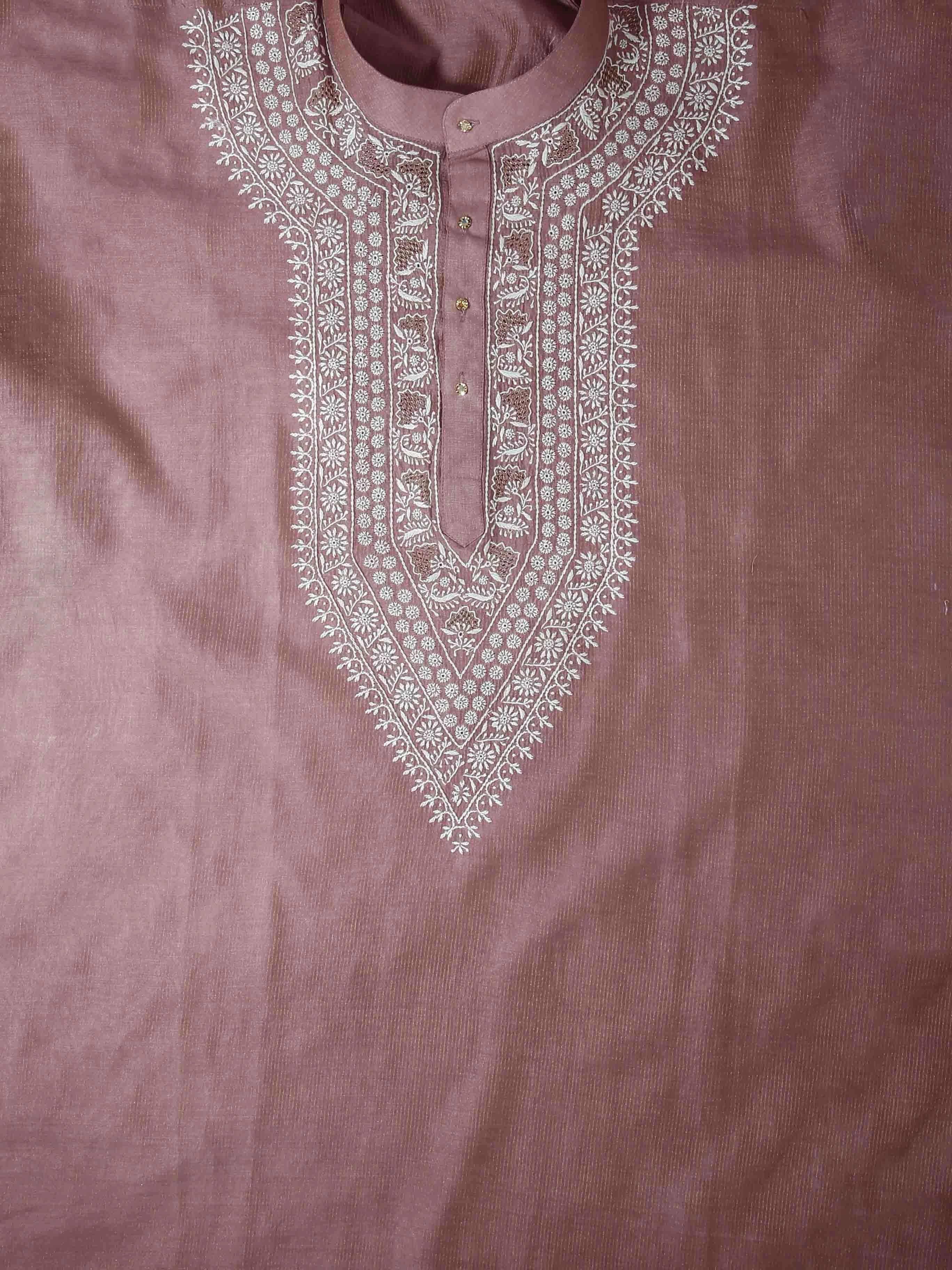 Ada Hand Embroidered Onion Pink Chanderi Lucknowi Chikankari Semi Stitched Men's Kurta Piece 01A441036