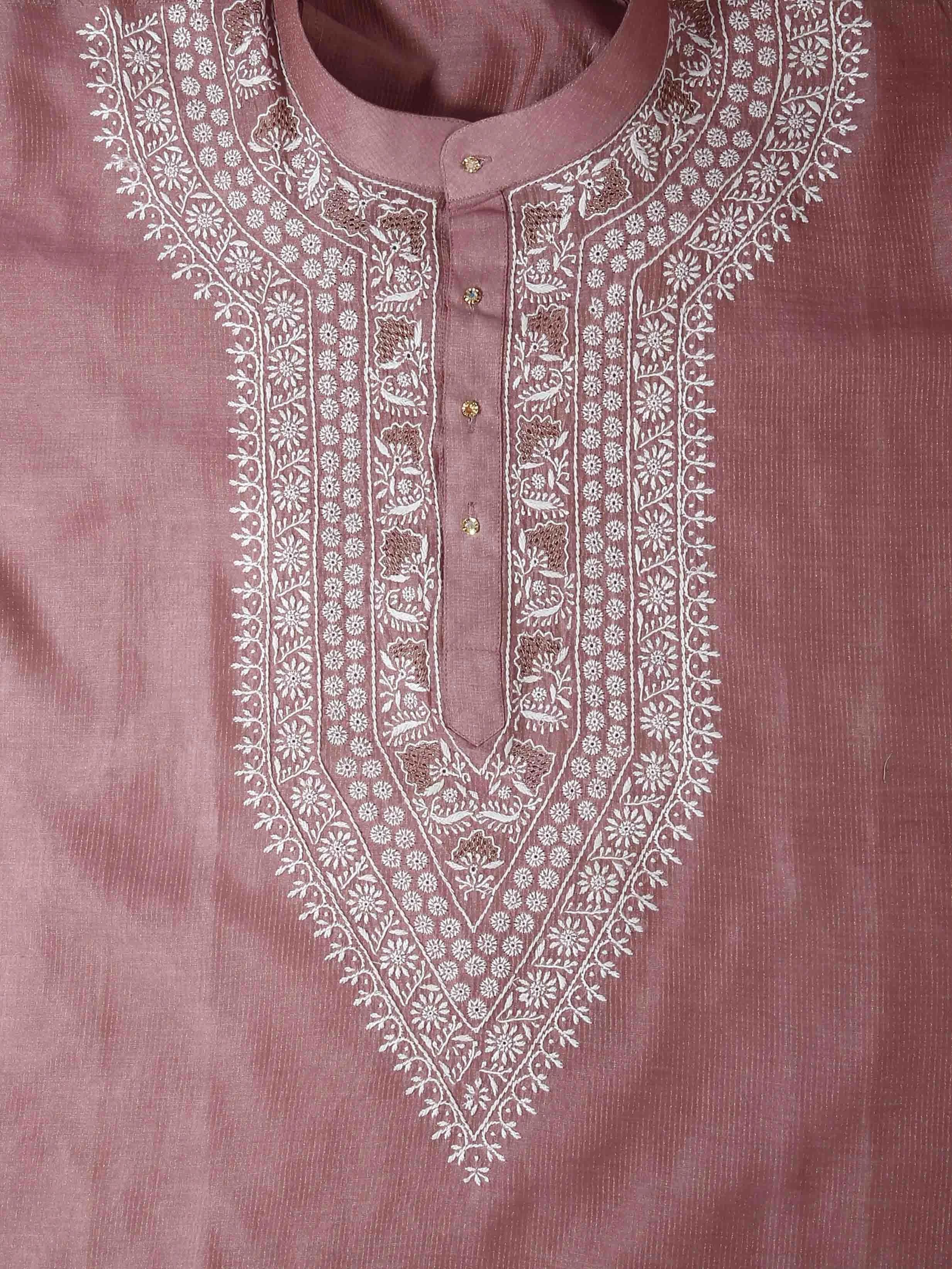 Ada Hand Embroidered Onion Pink Chanderi Lucknowi Chikankari Semi Stitched Men's Kurta Piece 01A441036