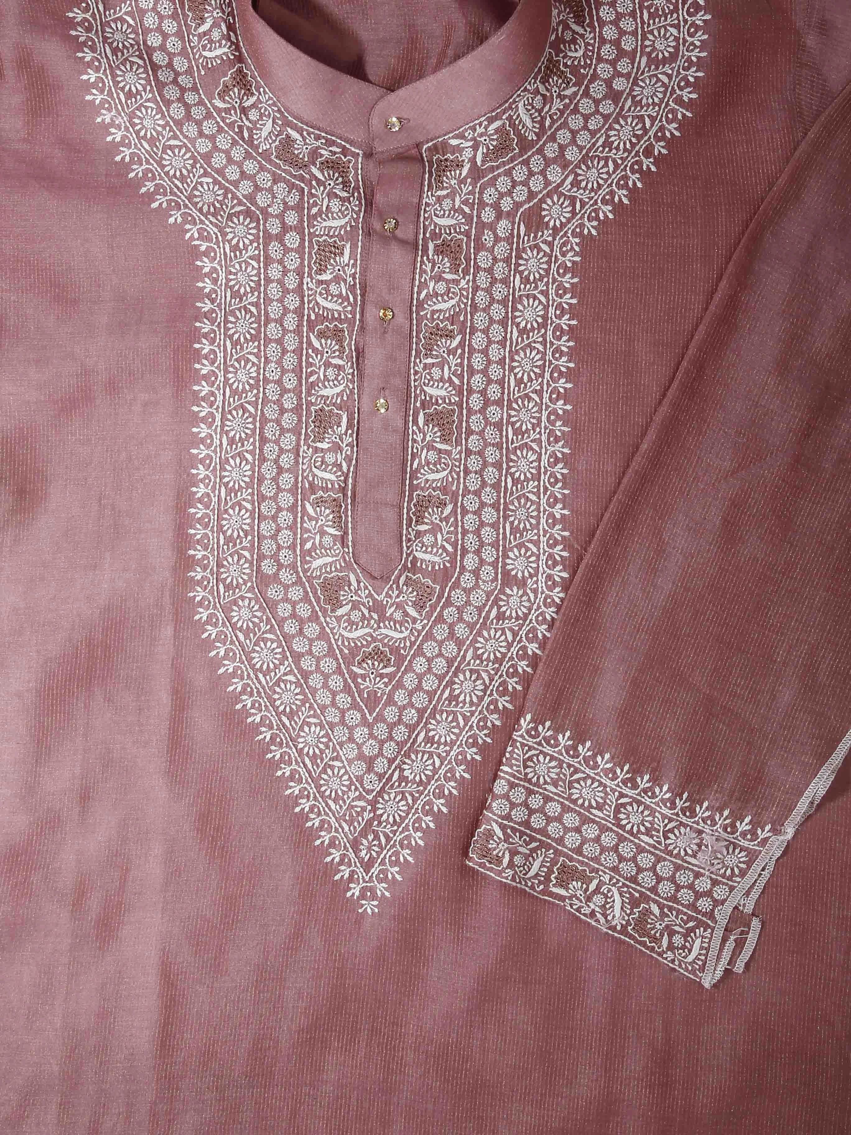 Ada Hand Embroidered Onion Pink Chanderi Lucknowi Chikankari Semi Stitched Men's Kurta Piece 01A441036