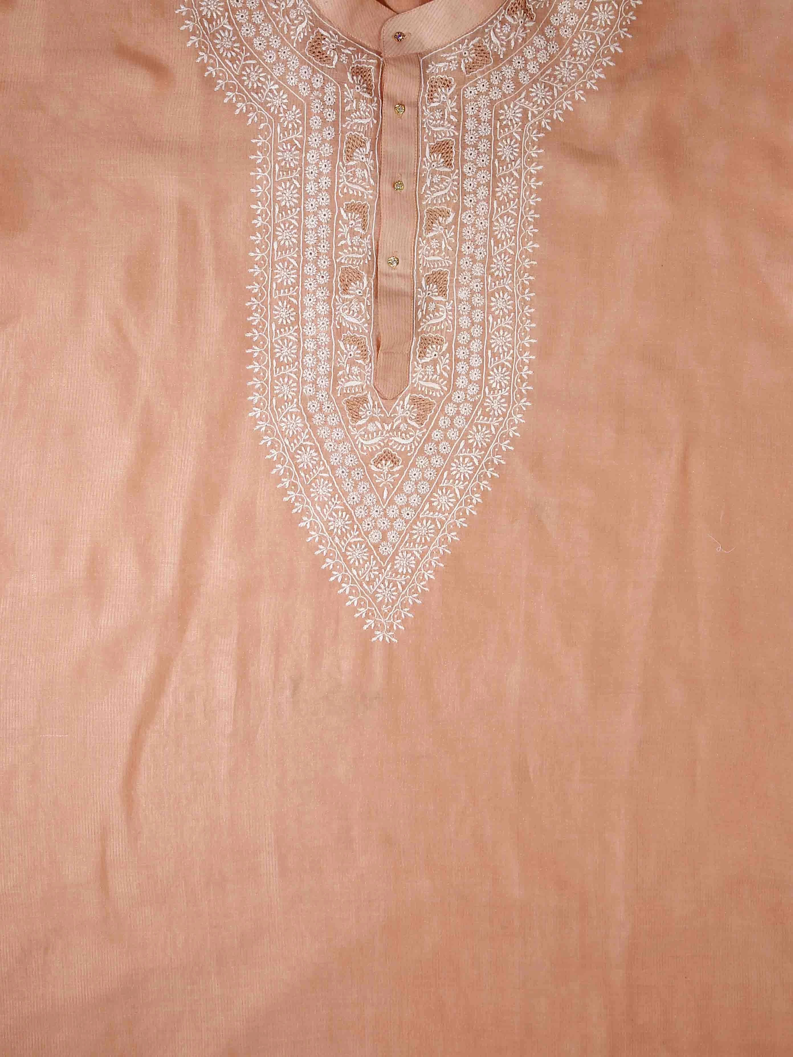 Ada Hand Embroidered Creamy Peach Chanderi Lucknowi Chikankari Semi Stitched Men's Kurta Piece 01A441028