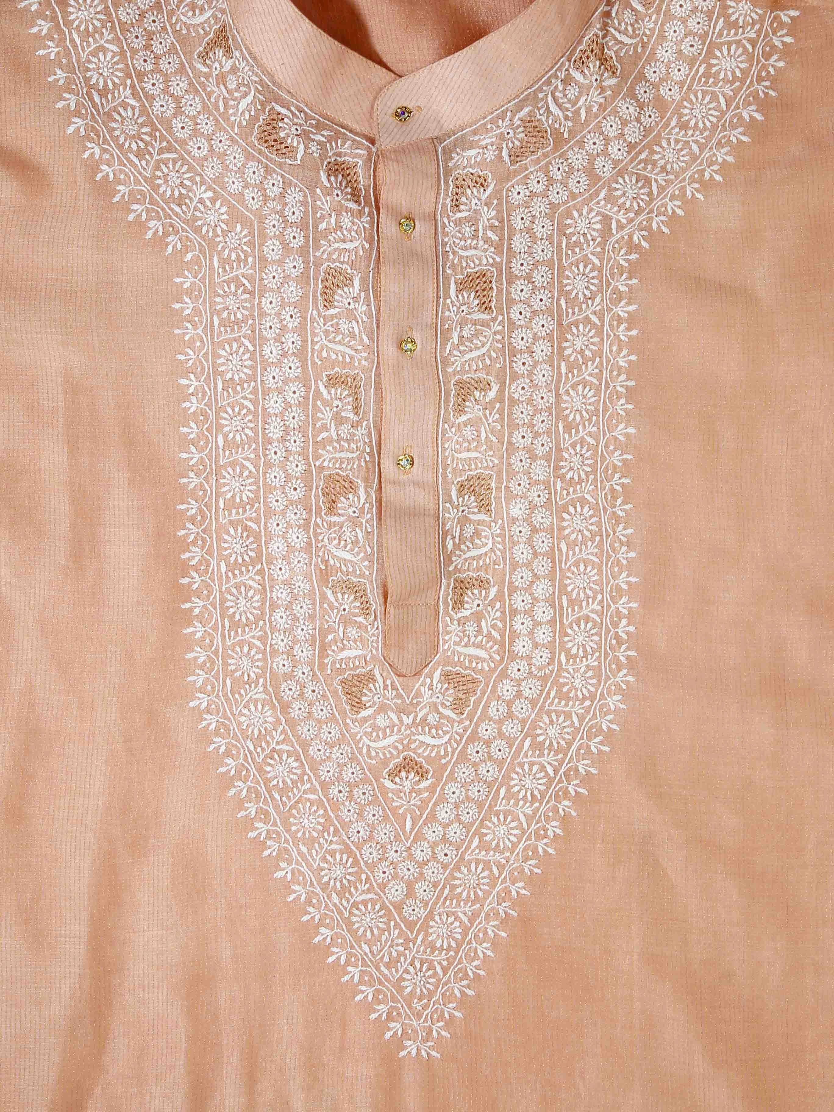 Ada Hand Embroidered Creamy Peach Chanderi Lucknowi Chikankari Semi Stitched Men's Kurta Piece 01A441028
