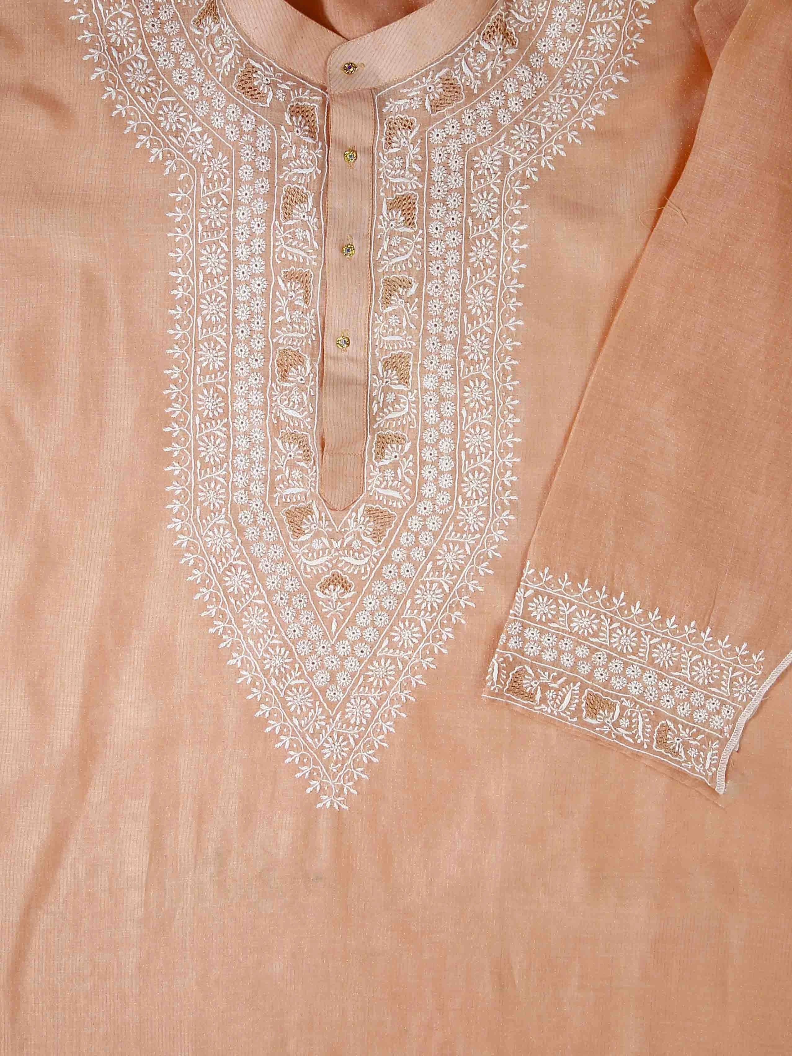 Ada Hand Embroidered Creamy Peach Chanderi Lucknowi Chikankari Semi Stitched Men's Kurta Piece 01A441028
