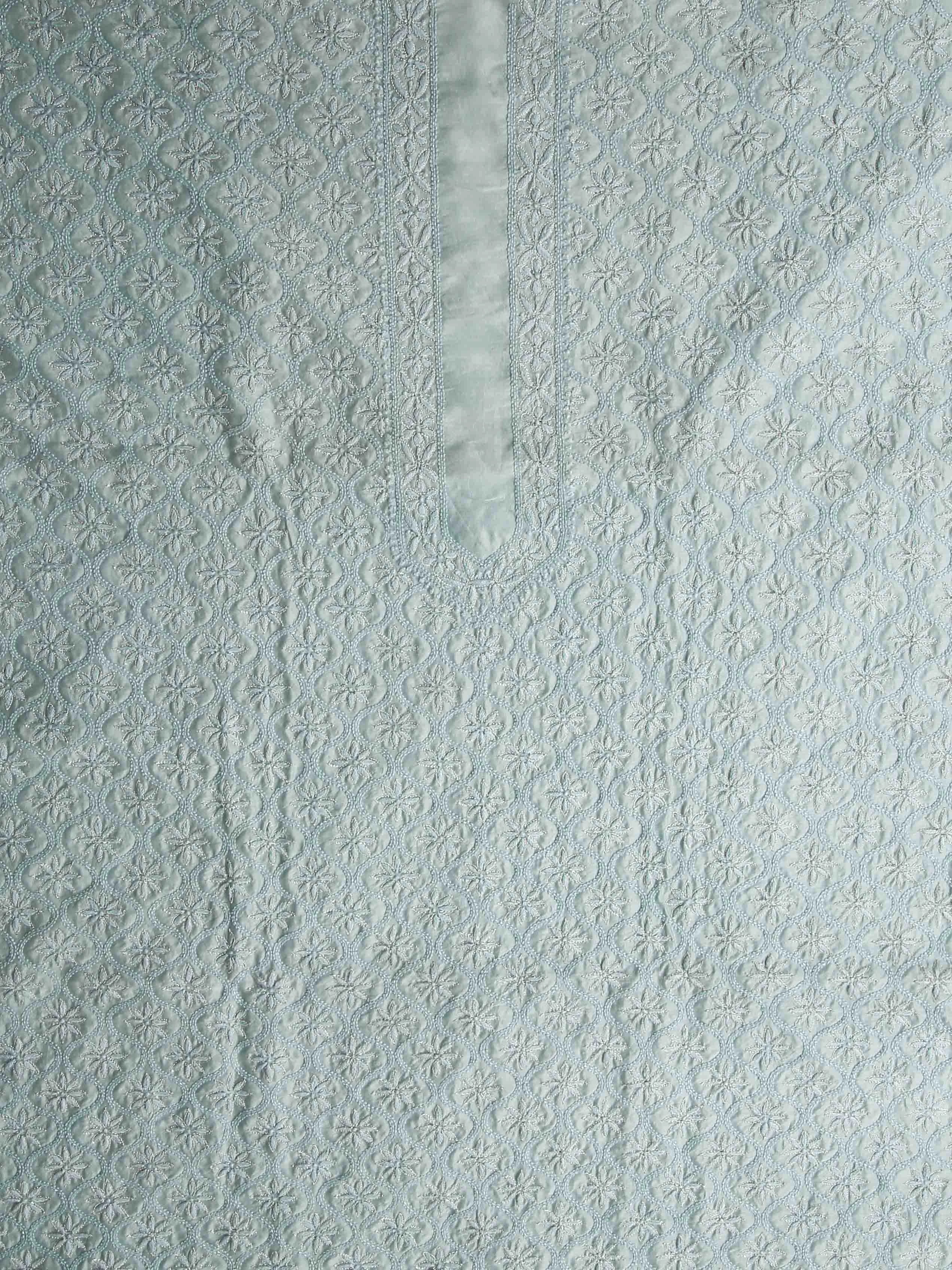 Ada Hand Embroidered Ice Blue Chanderi Lucknowi Chikankari Unstitched Men's Kurta Piece With Zari Work 01A387951