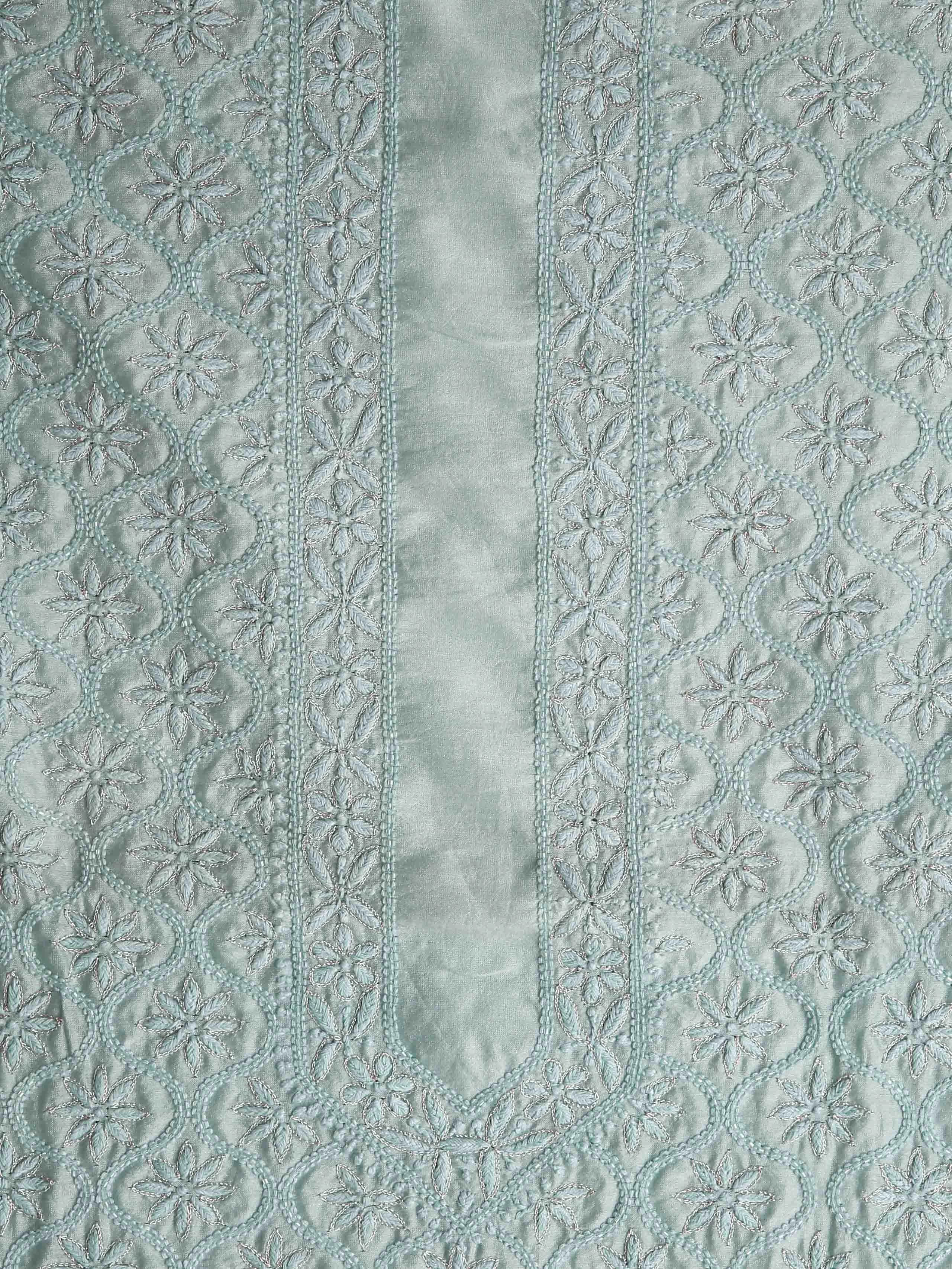 Ada Hand Embroidered Ice Blue Chanderi Lucknowi Chikankari Unstitched Men's Kurta Piece With Zari Work 01A387951