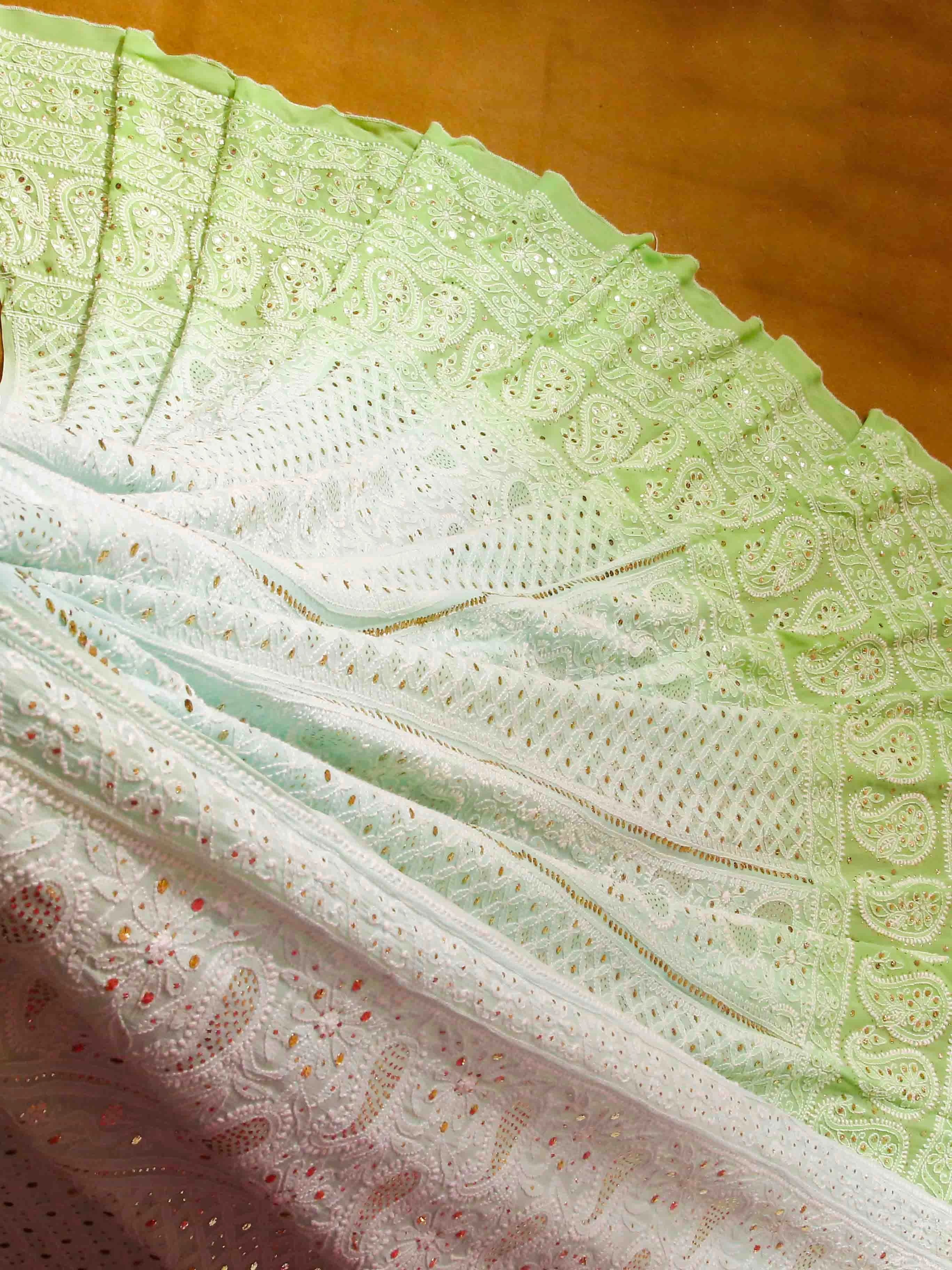 Ada Hand Embroidered Ombre Shade Of Sea Green and Green Pure Georgette Lucknowi Chikankari Lehenga Set With Muqaish Work 01A424799