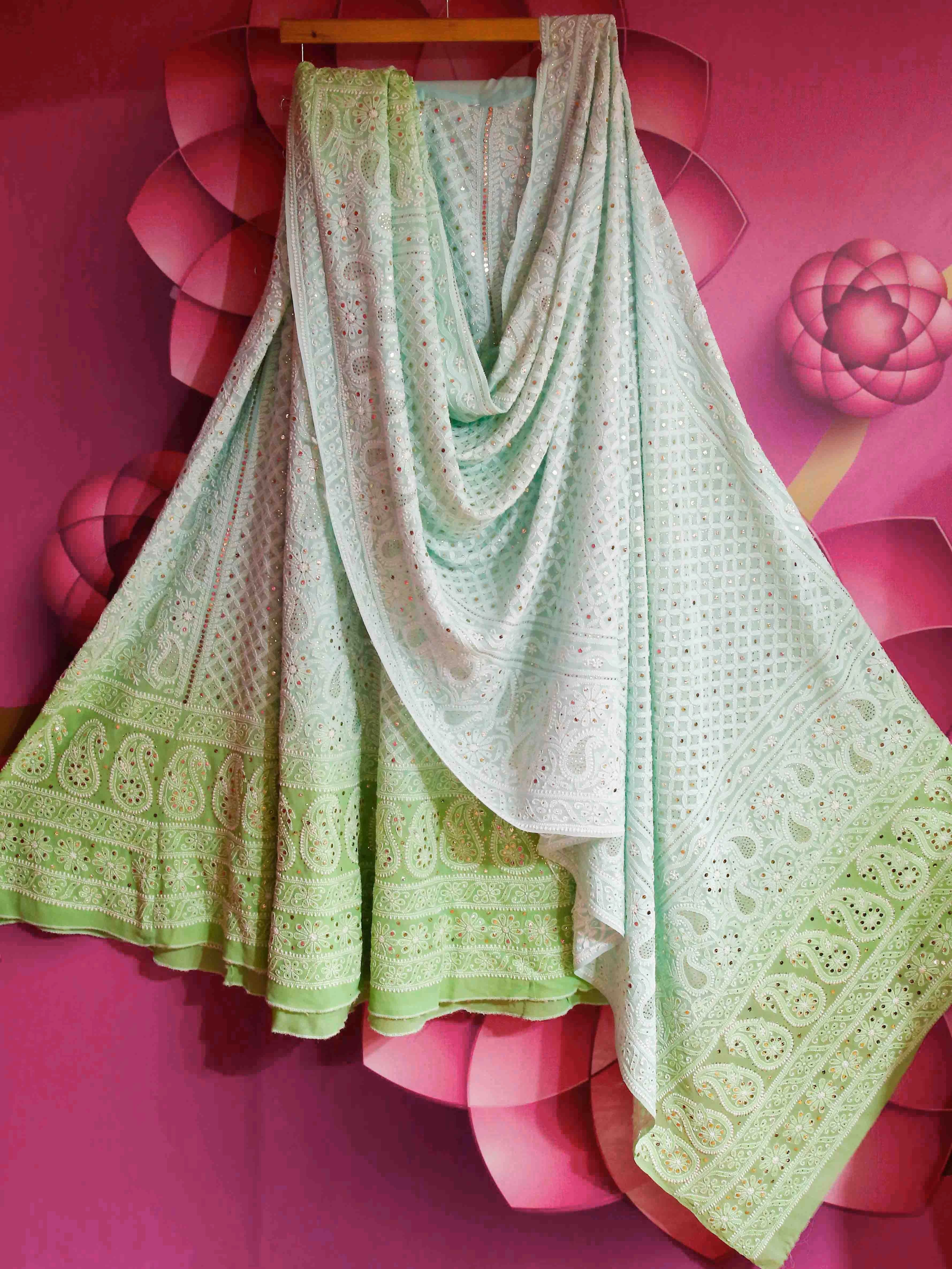 Ada Hand Embroidered Ombre Shade Of Sea Green and Green Pure Georgette Lucknowi Chikankari Lehenga Set With Muqaish Work 01A424799