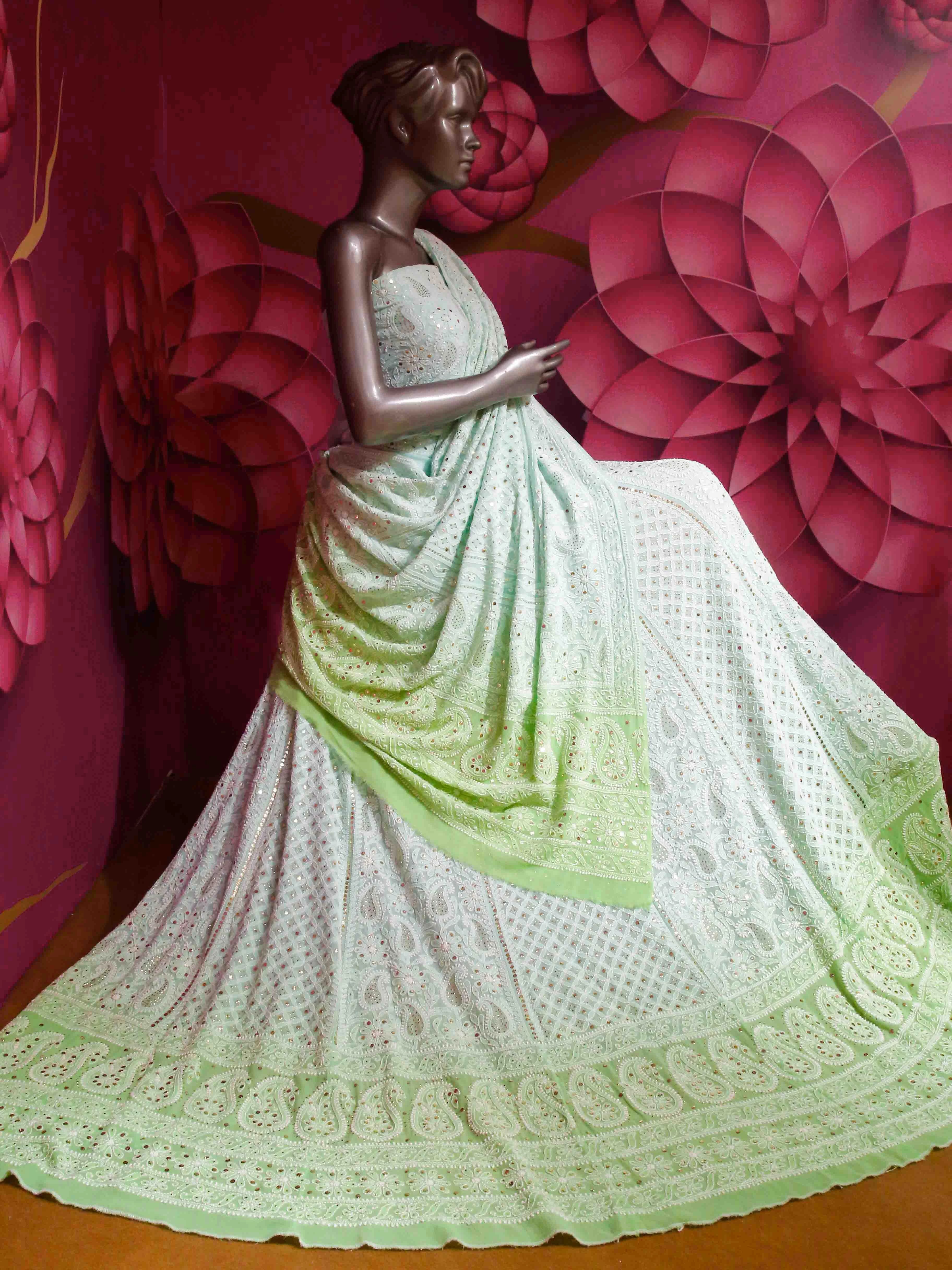 Ada Hand Embroidered Ombre Shade Of Sea Green and Green Pure Georgette Lucknowi Chikankari Lehenga Set With Muqaish Work 01A424799
