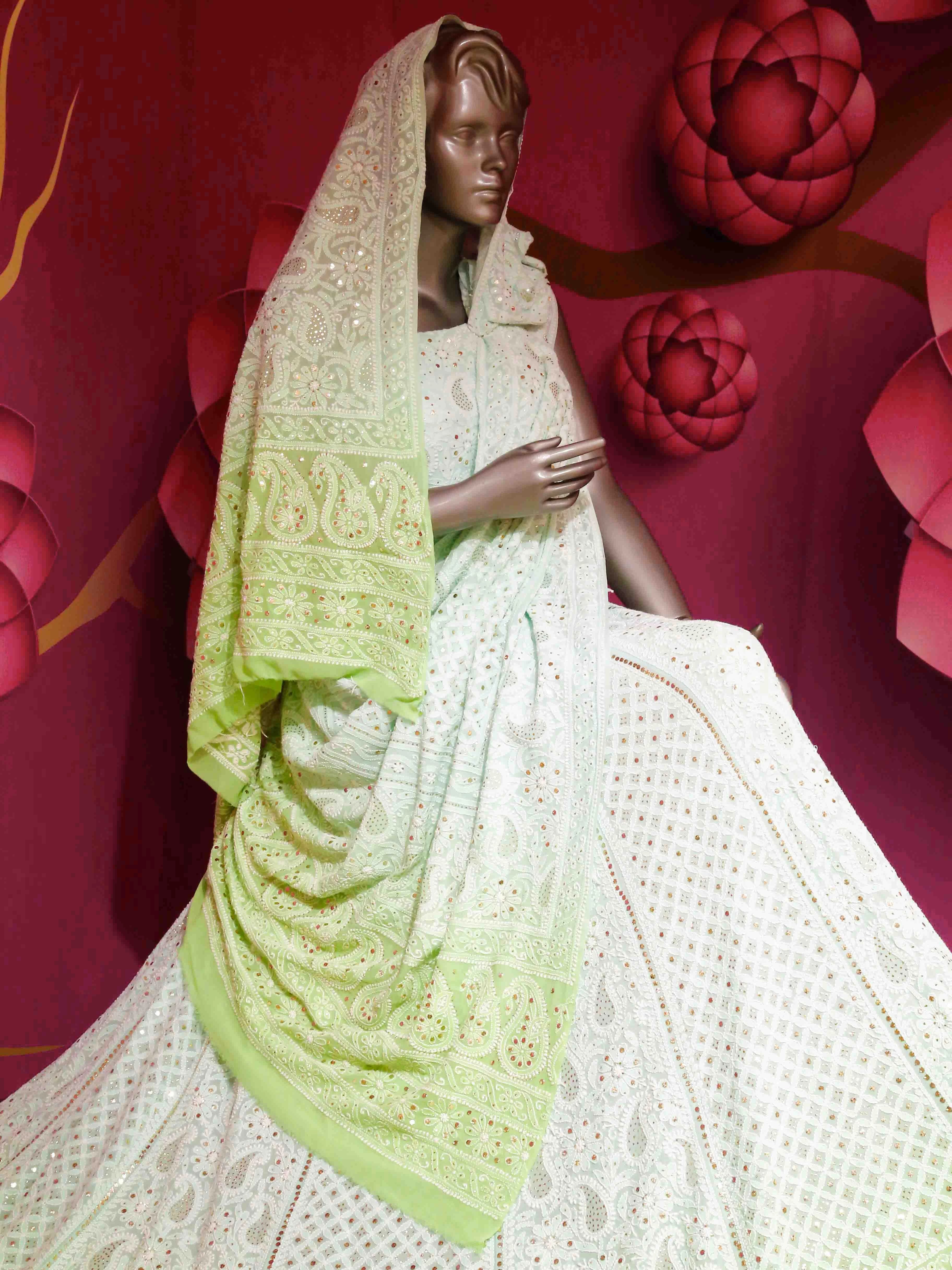 Ada Hand Embroidered Ombre Shade Of Sea Green and Green Pure Georgette Lucknowi Chikankari Lehenga Set With Muqaish Work 01A424799