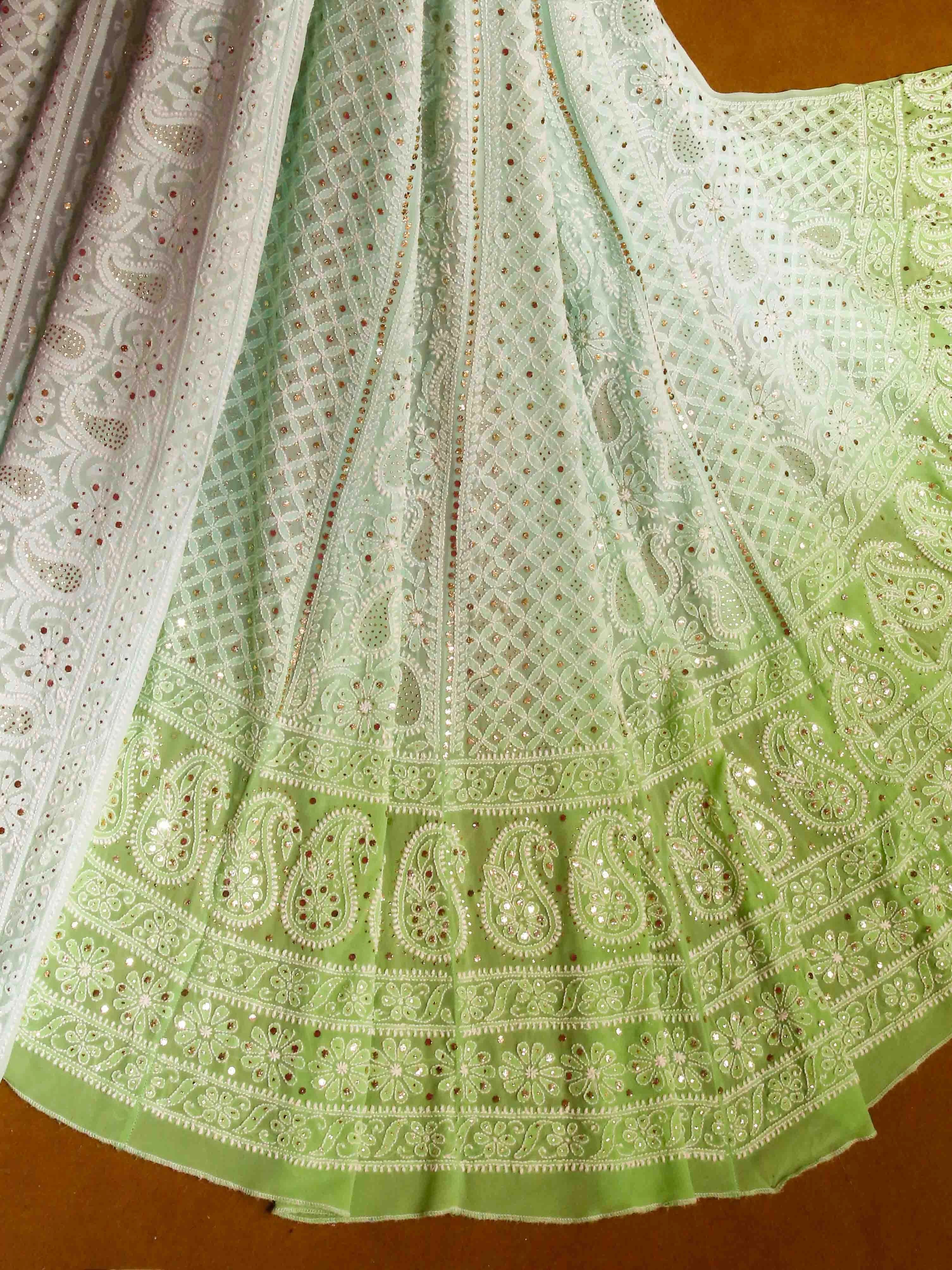 Ada Hand Embroidered Ombre Shade Of Sea Green and Green Pure Georgette Lucknowi Chikankari Lehenga Set With Muqaish Work 01A424799