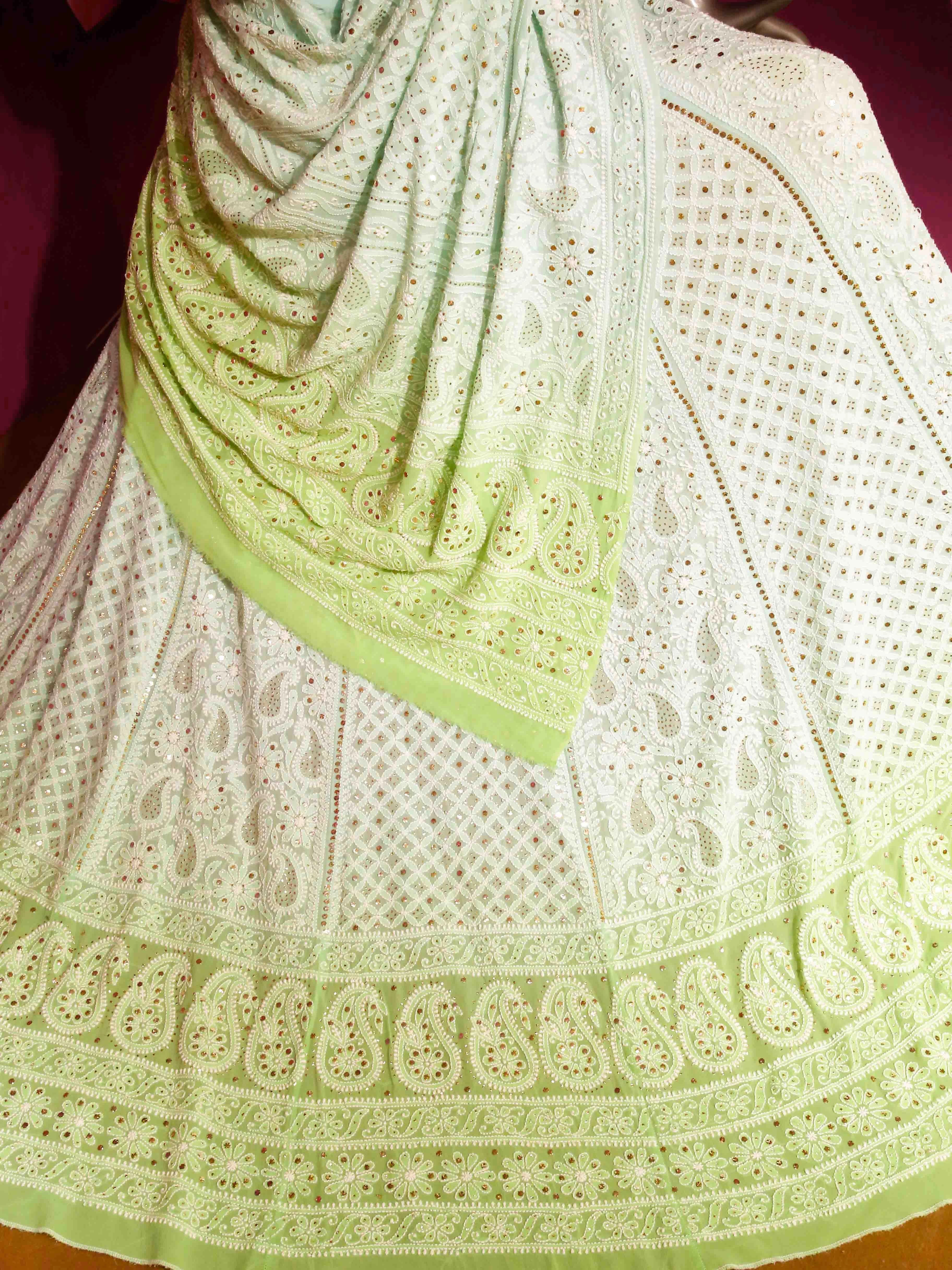 Ada Hand Embroidered Ombre Shade Of Sea Green and Green Pure Georgette Lucknowi Chikankari Lehenga Set With Muqaish Work 01A424799