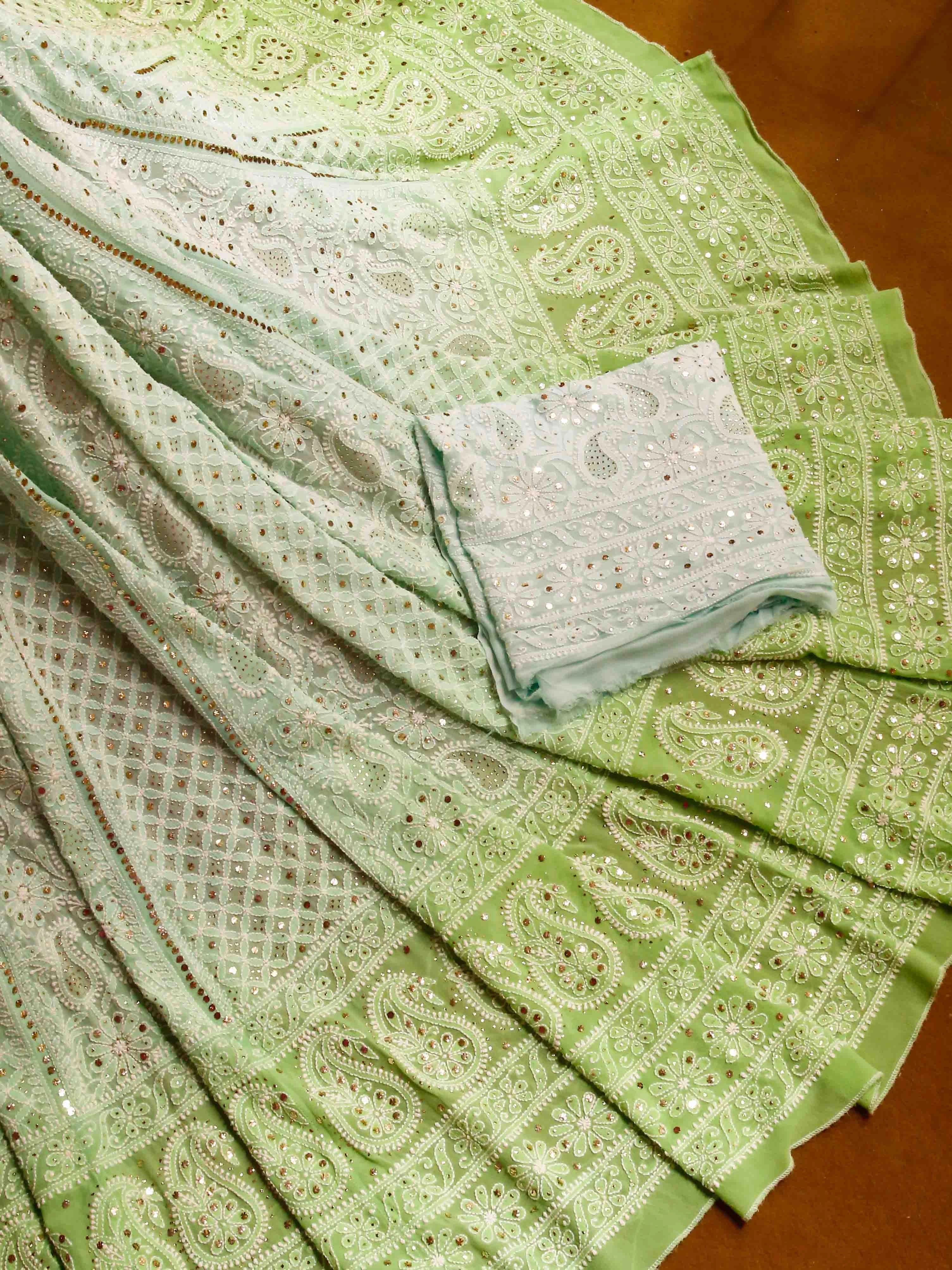 Ada Hand Embroidered Ombre Shade Of Sea Green and Green Pure Georgette Lucknowi Chikankari Lehenga Set With Muqaish Work 01A424799