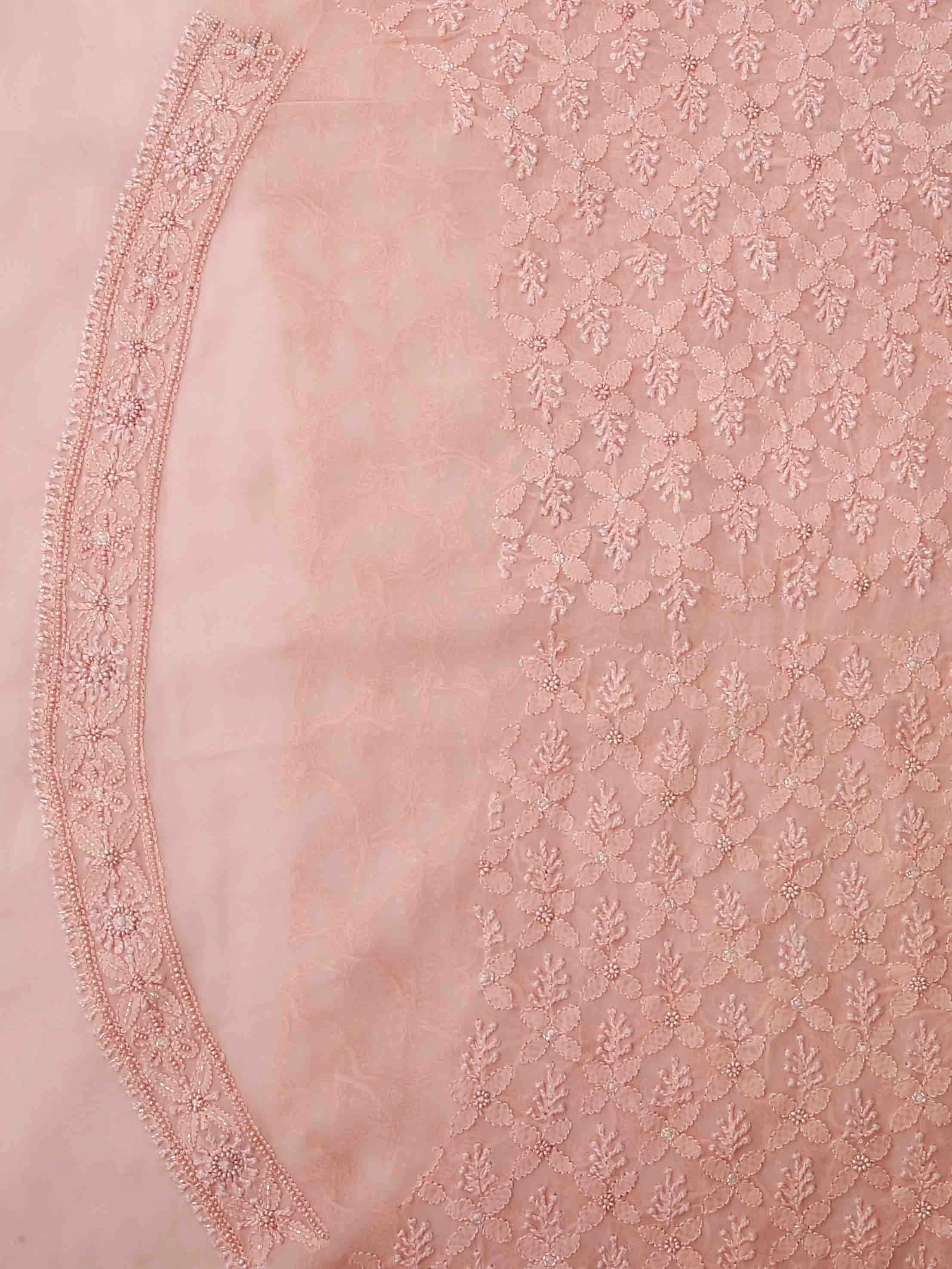 Ada Hand Embroidered Candlelight Peach Georgette Lucknowi Chikankari Unstitched Men's Kurta Piece With Pearl Work 01A75696