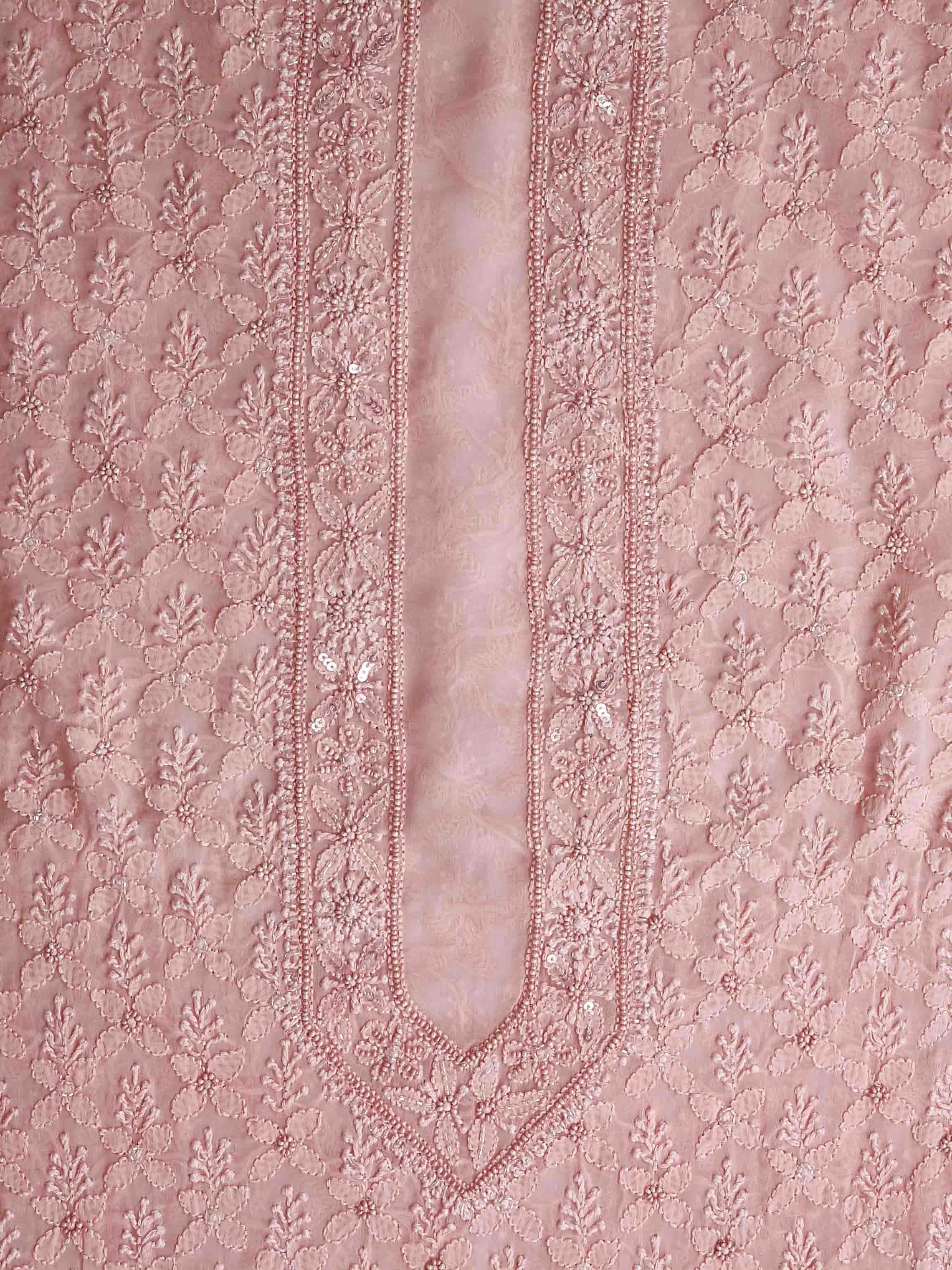 Ada Hand Embroidered Candlelight Peach Georgette Lucknowi Chikankari Unstitched Men's Kurta Piece With Pearl Work 01A75696