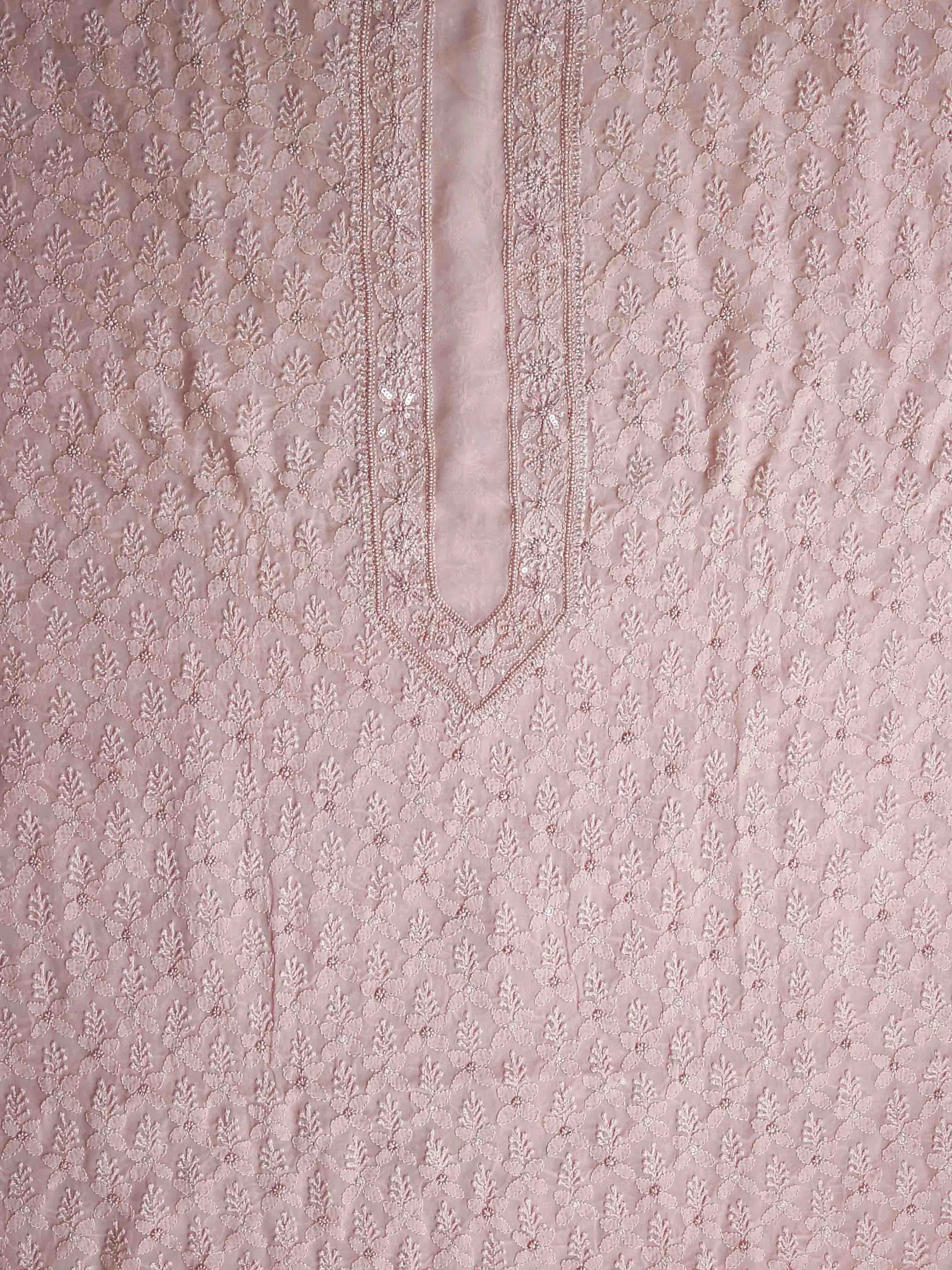 Ada Hand Embroidered Candlelight Peach Georgette Lucknowi Chikankari Unstitched Men's Kurta Piece With Pearl Work 01A75696