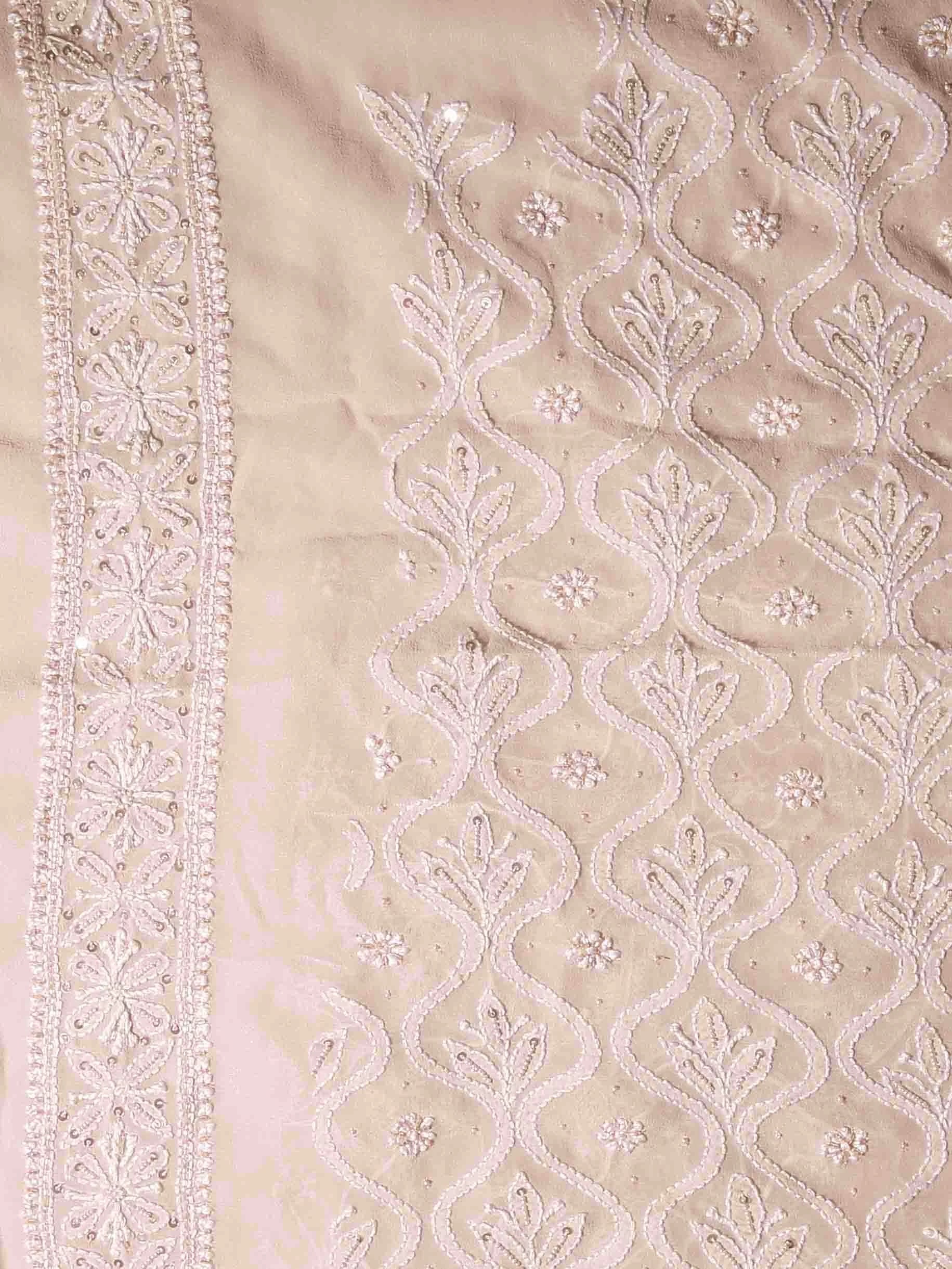 Ada Hand Embroidered Dusty Peach Georgette Lucknowi Chikankari Unstitched Men's Kurta Piece With Pearl Work 01A388524