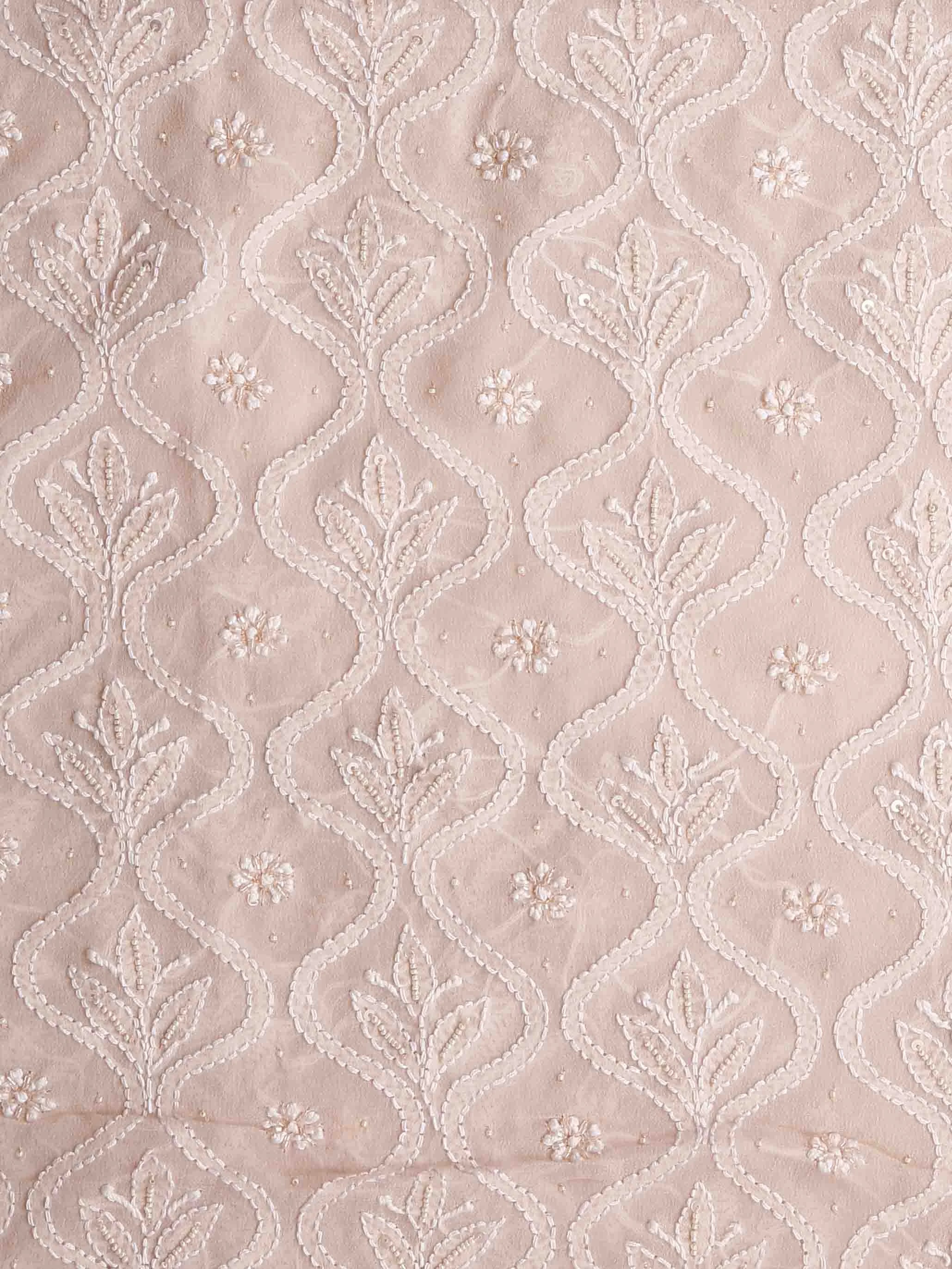 Ada Hand Embroidered Dusty Peach Georgette Lucknowi Chikankari Unstitched Men's Kurta Piece With Pearl Work 01A388524