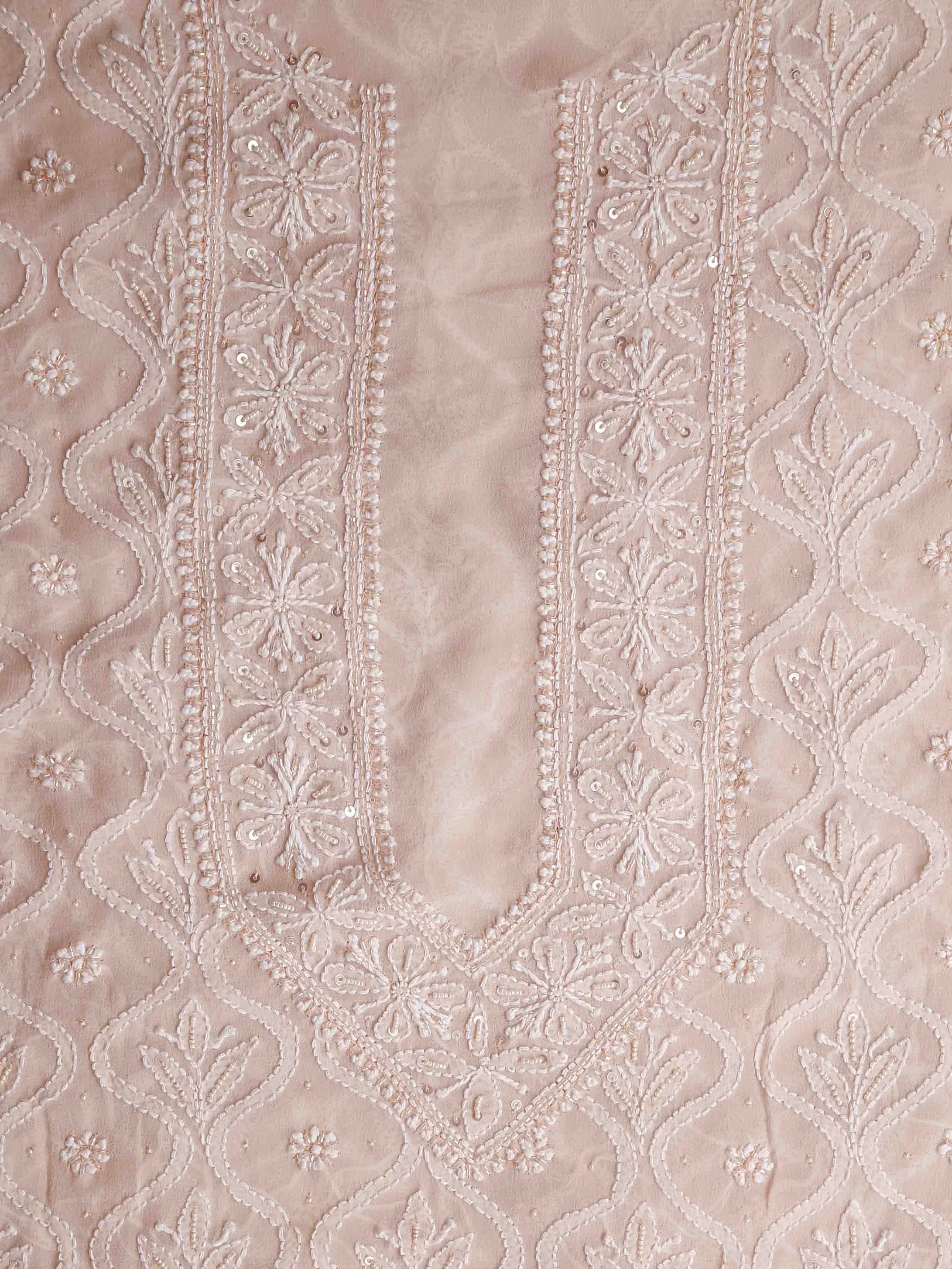 Ada Hand Embroidered Dusty Peach Georgette Lucknowi Chikankari Unstitched Men's Kurta Piece With Pearl Work 01A388524