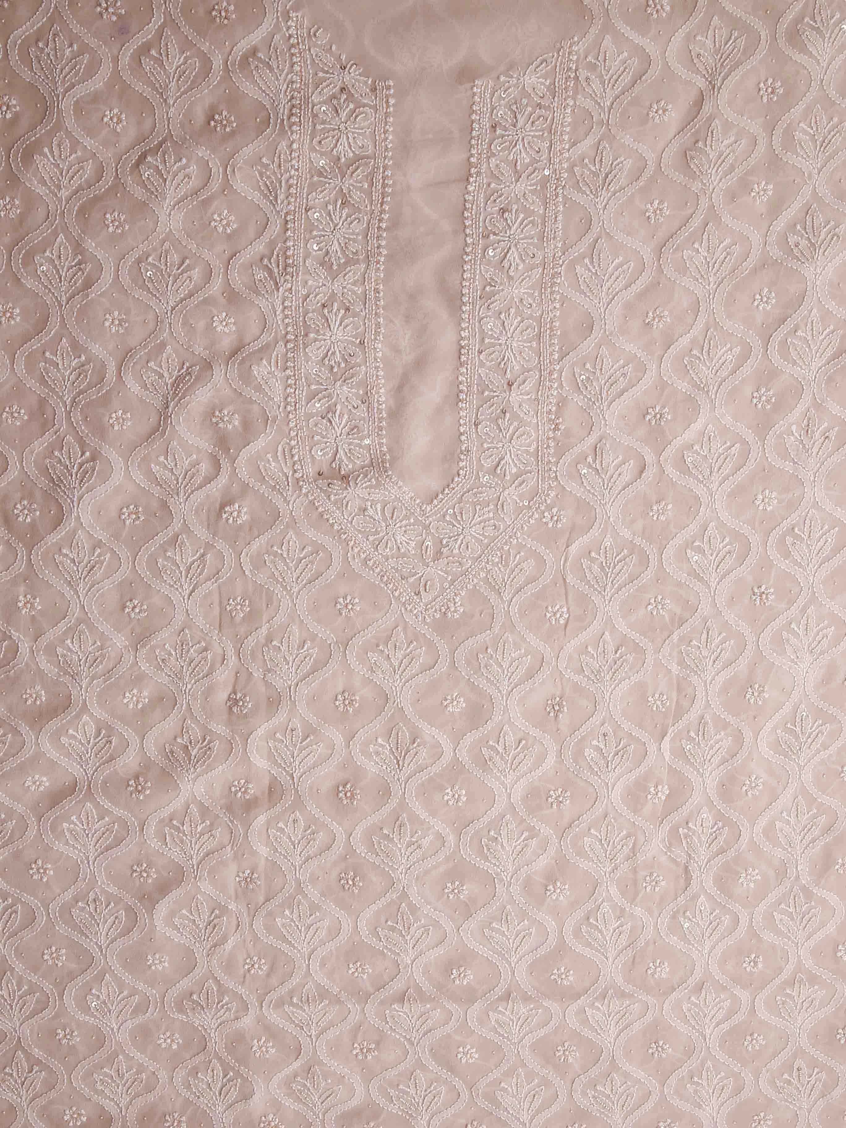Ada Hand Embroidered Dusty Peach Georgette Lucknowi Chikankari Unstitched Men's Kurta Piece With Pearl Work 01A388524