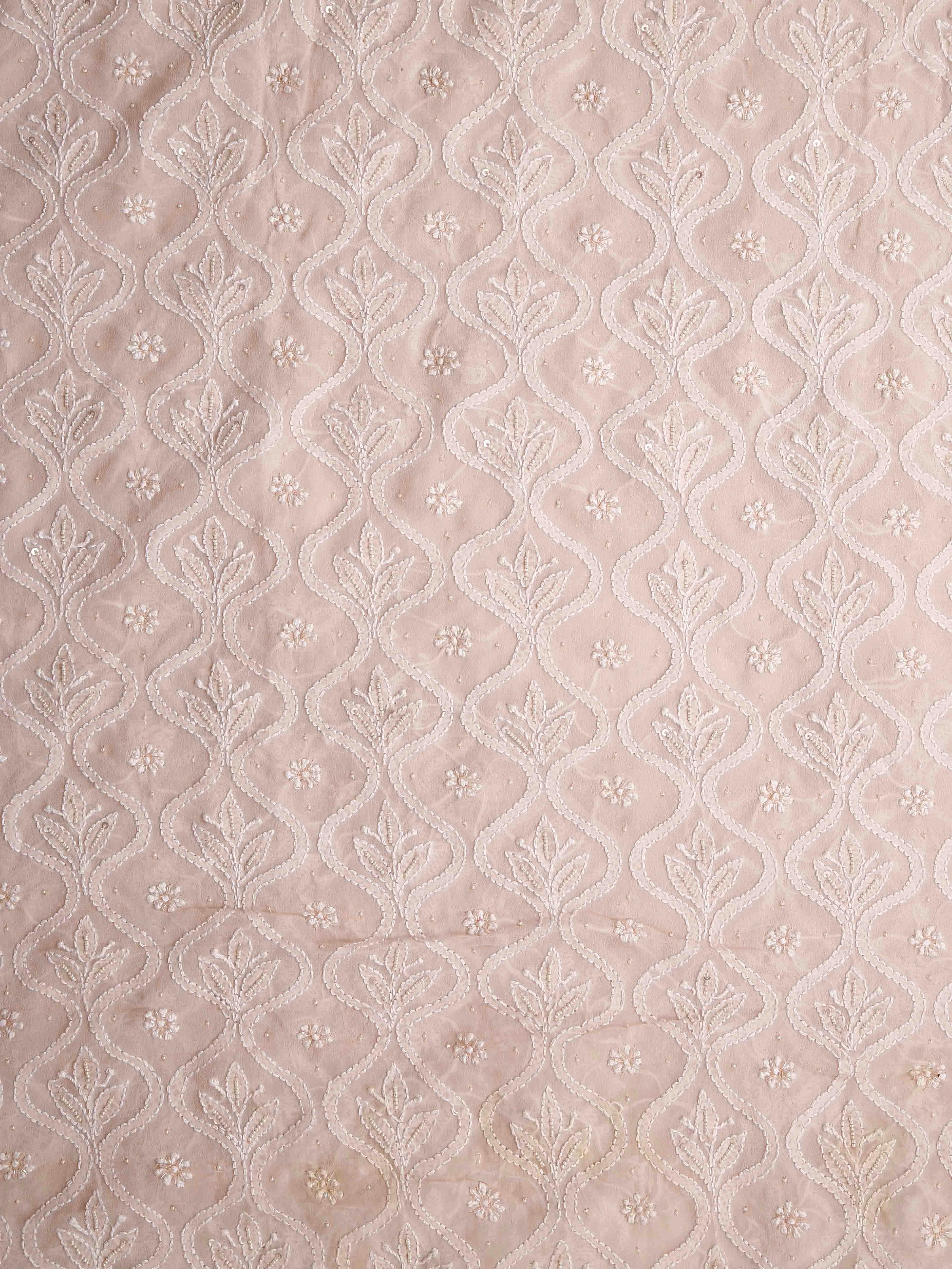 Ada Hand Embroidered Dusty Peach Georgette Lucknowi Chikankari Unstitched Men's Kurta Piece With Pearl Work 01A388524
