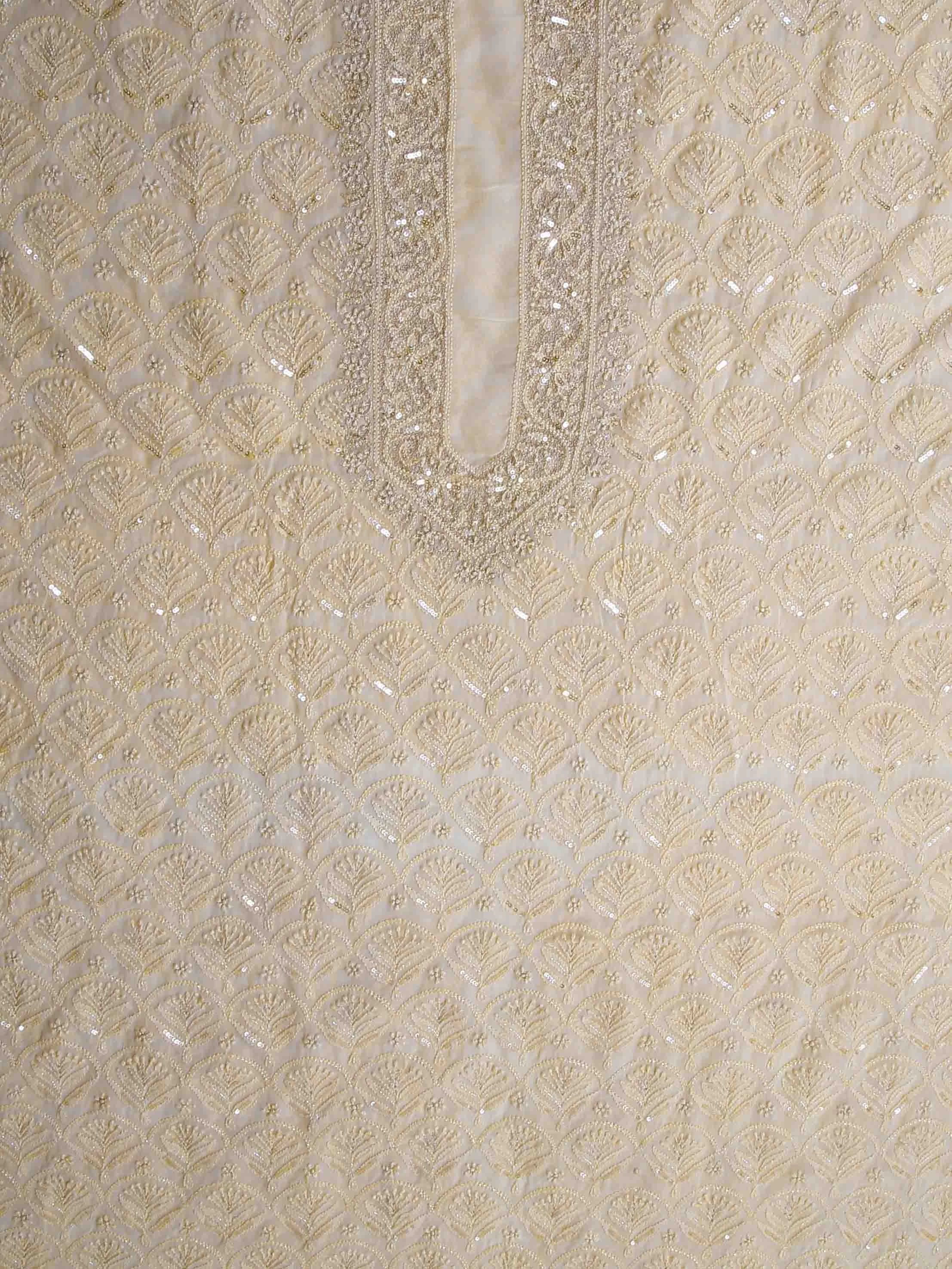 Ada Hand Embroidered Champagne Viscose Georgette Lucknowi Chikankari Unstitched Men's Kurta Piece With Zari Work 01A402009