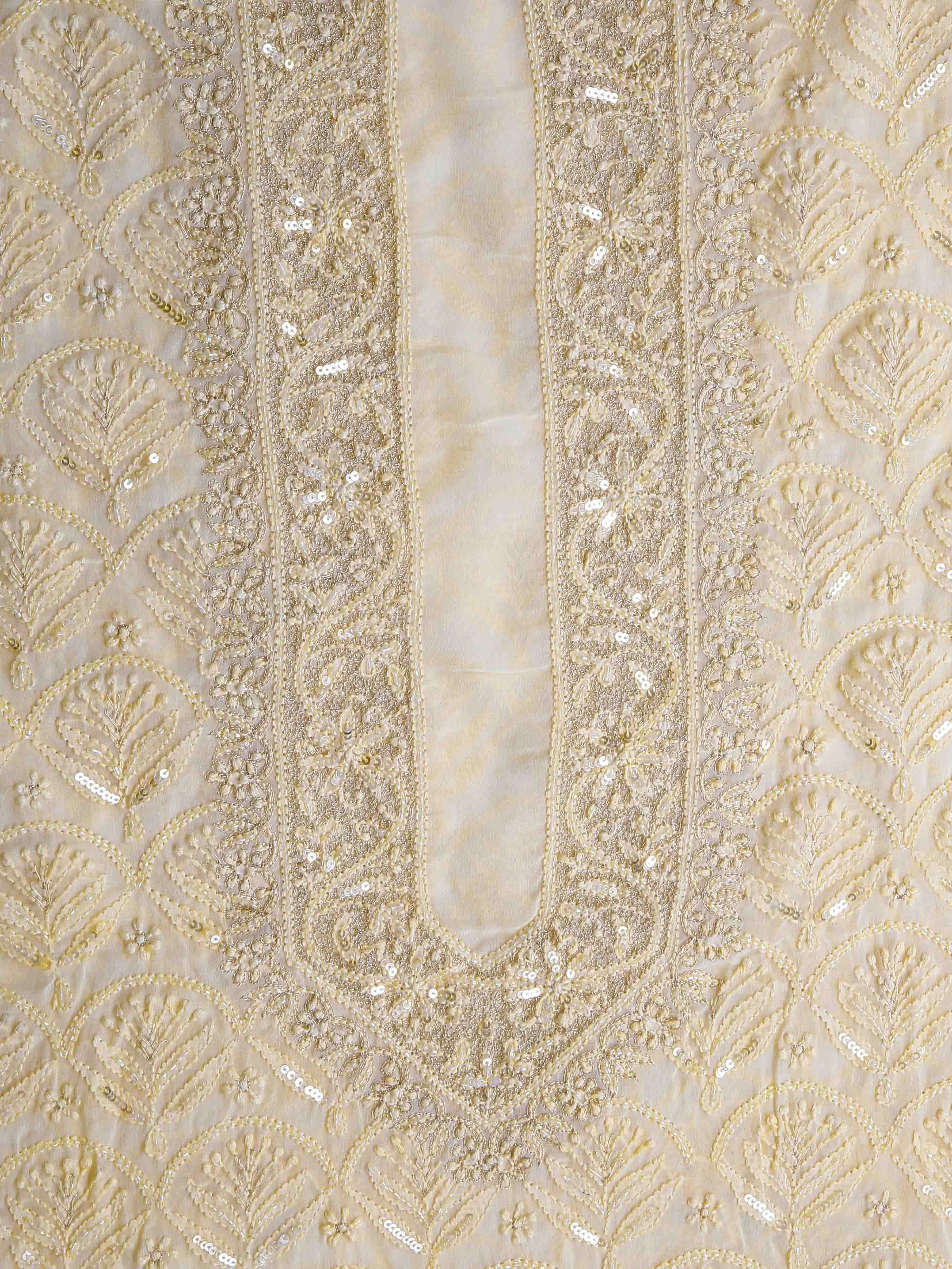 Ada Hand Embroidered Champagne Viscose Georgette Lucknowi Chikankari Unstitched Men's Kurta Piece With Zari Work 01A402009