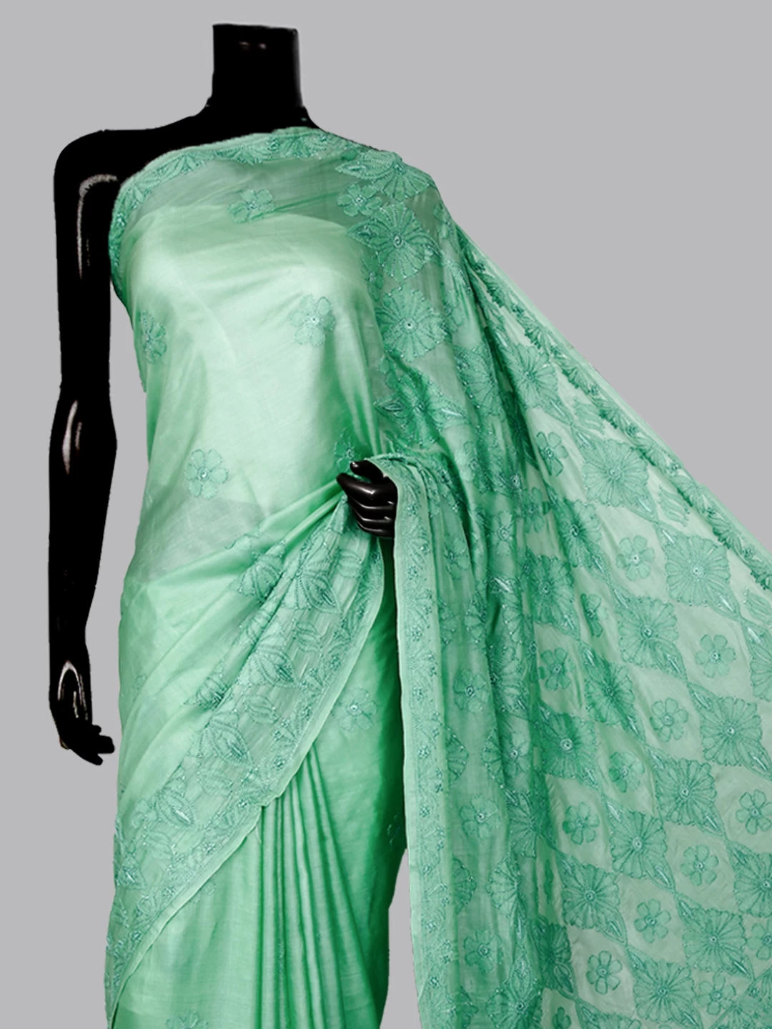 Ada Hand Embroidered Seafoam Green Silk Lucknowi Chikankari Saree with Blouse A611702