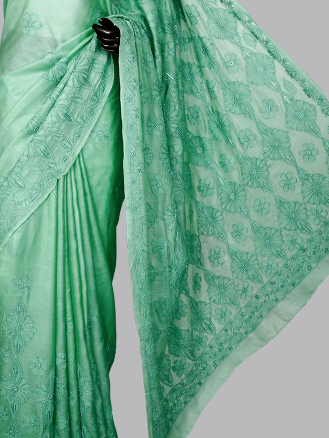 Ada Hand Embroidered Seafoam Green Silk Lucknowi Chikankari Saree with Blouse A611702