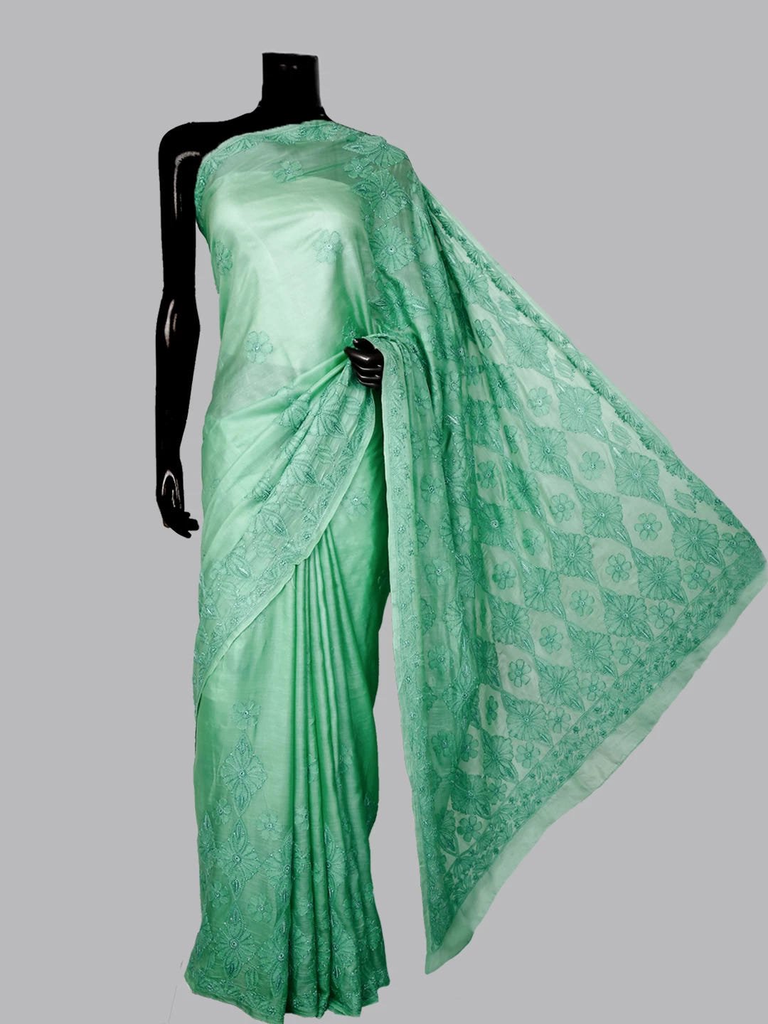 Ada Hand Embroidered Seafoam Green Silk Lucknowi Chikankari Saree with Blouse A611702
