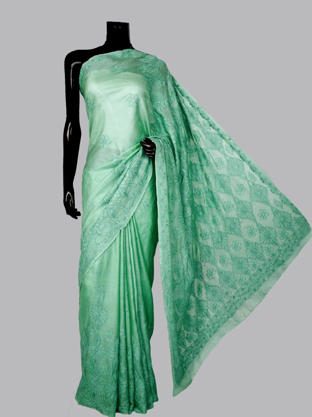 Ada Hand Embroidered Seafoam Green Silk Lucknowi Chikankari Saree with Blouse A611702