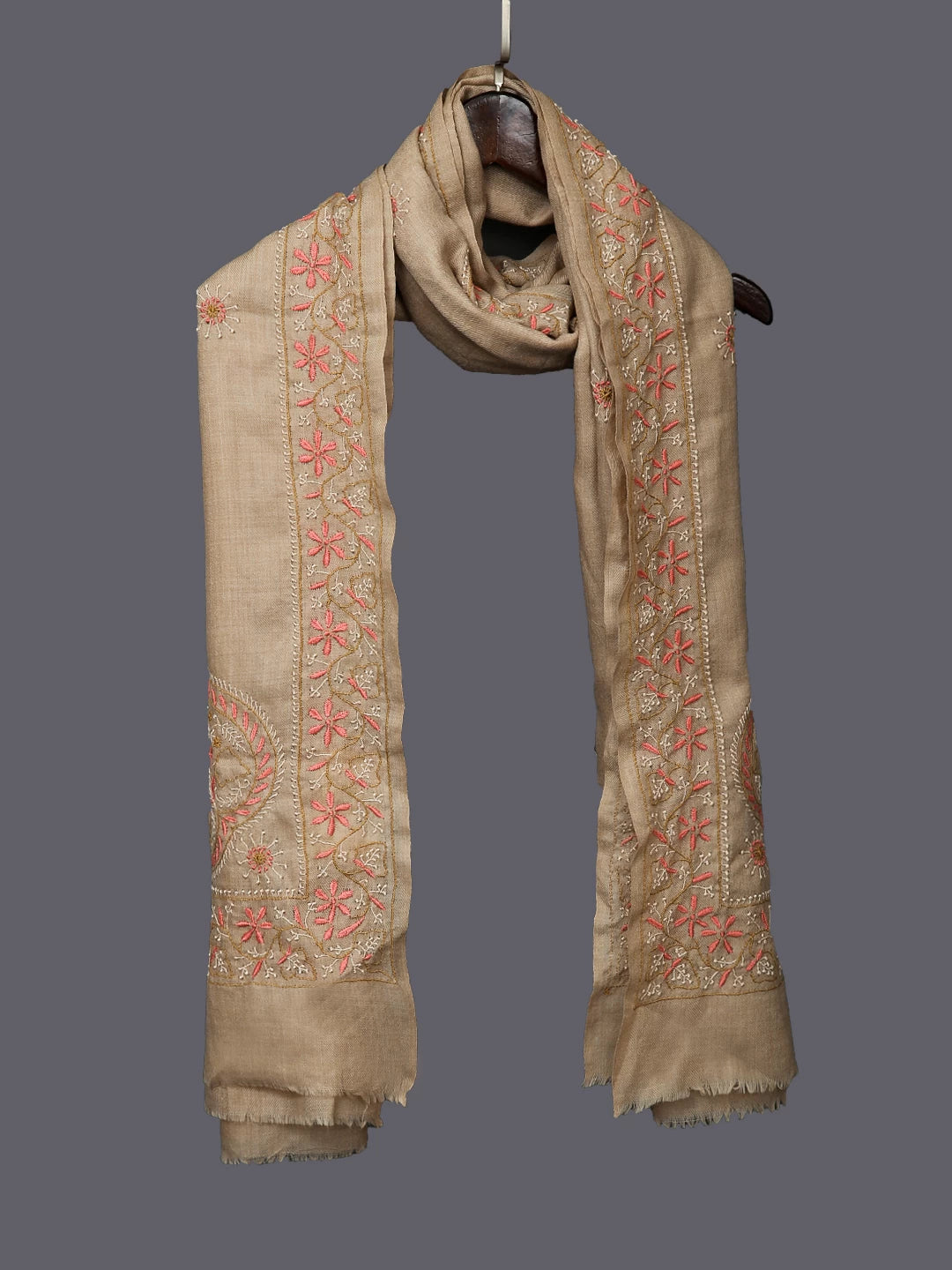 Ada Hand Embroidered Fawn Pashmina Woolen Lucknowi Chikankari Unisex Shawl 01A334907