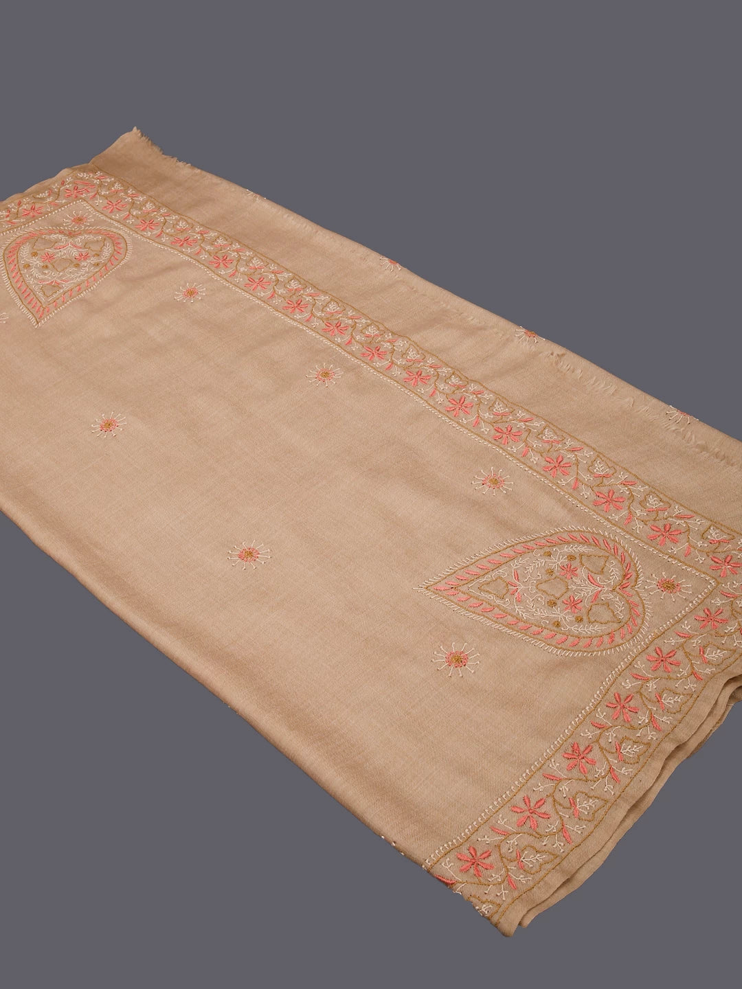 Ada Hand Embroidered Fawn Pashmina Woolen Lucknowi Chikankari Unisex Shawl 01A334907
