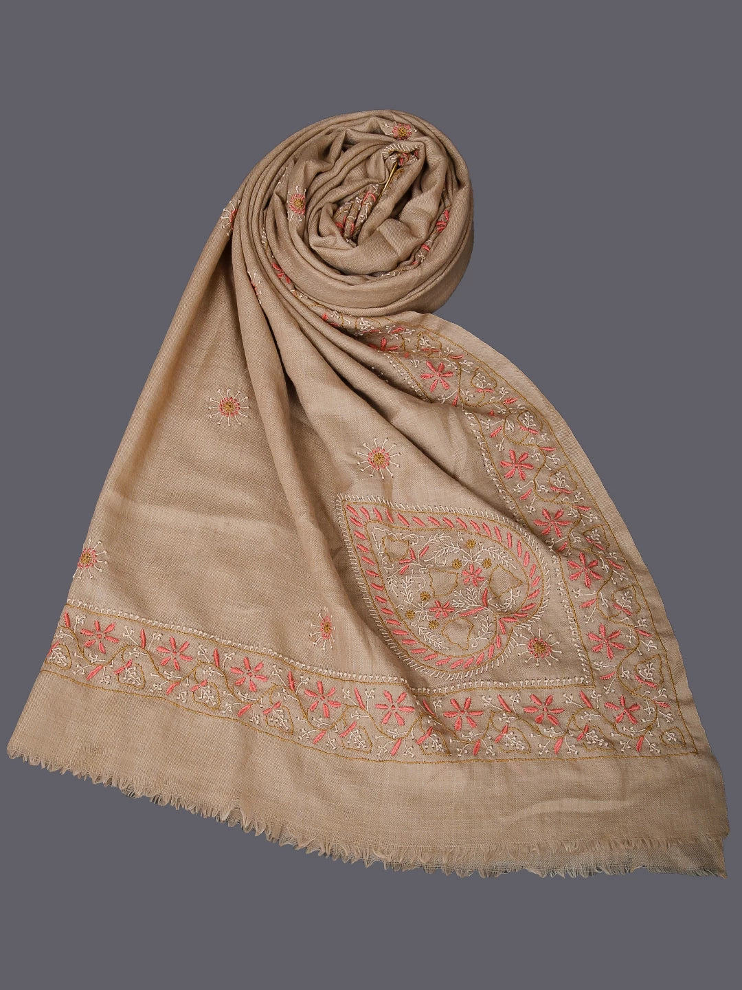 Ada Hand Embroidered Fawn Pashmina Woolen Lucknowi Chikankari Unisex Shawl 01A334907