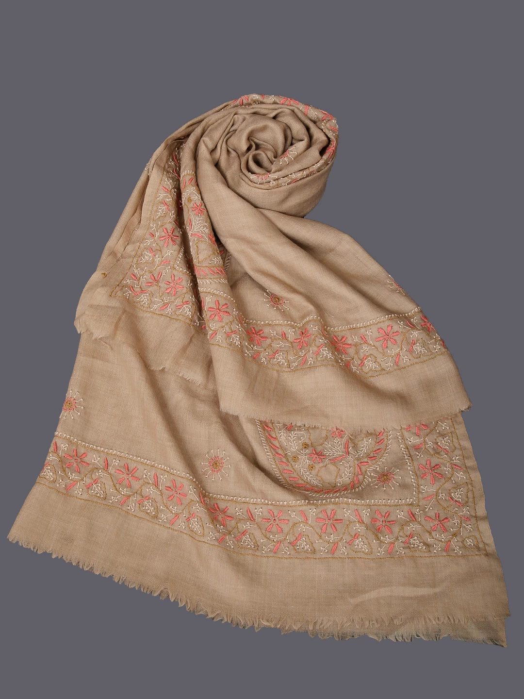 Ada Hand Embroidered Fawn Pashmina Woolen Lucknowi Chikankari Unisex Shawl 01A334907